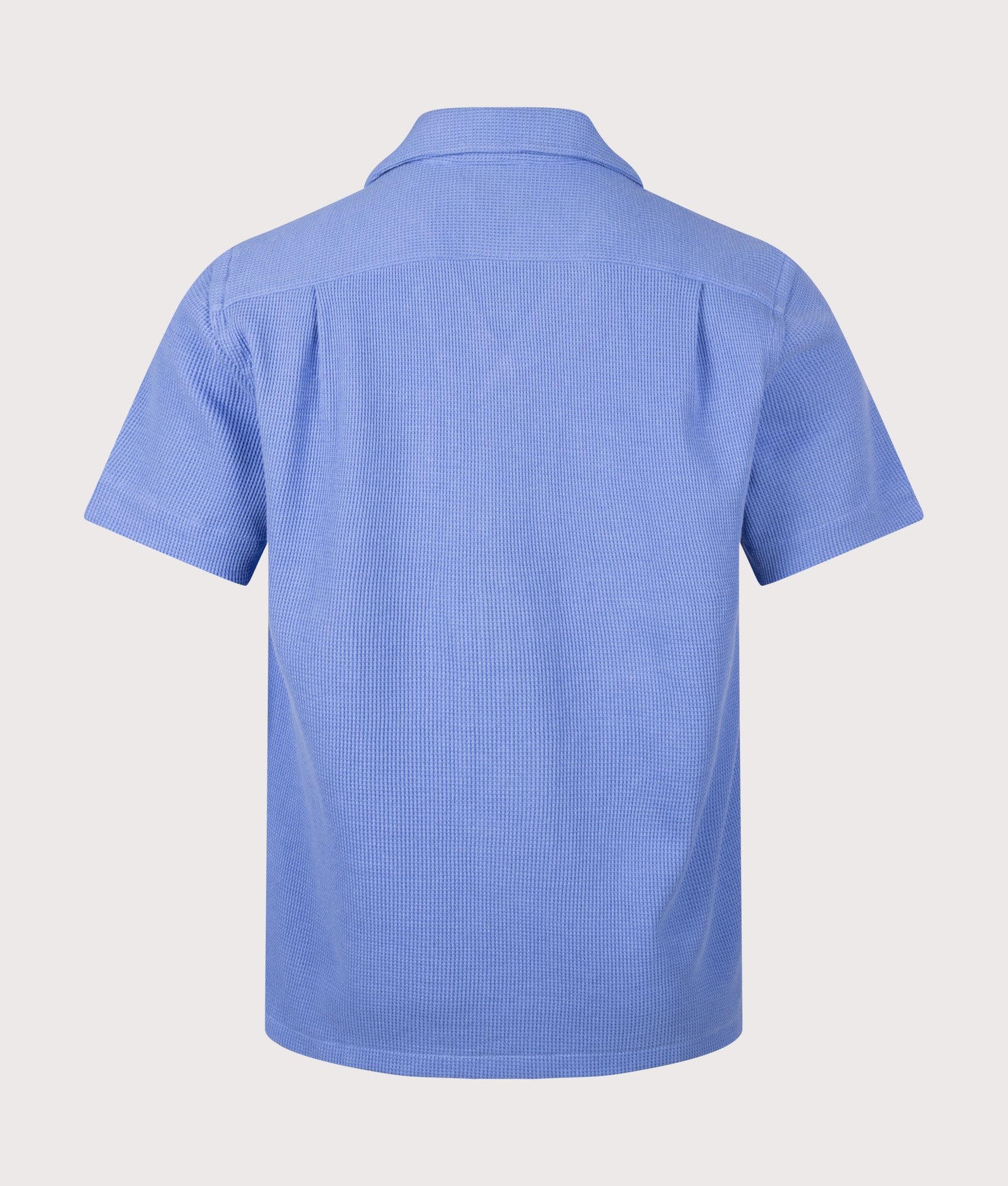 Polo Ralph Lauren Waffle-Knit Cotton-Linen Camp Shirt in Harbor Island Blue at EQVVS Menswear. Back shot.
