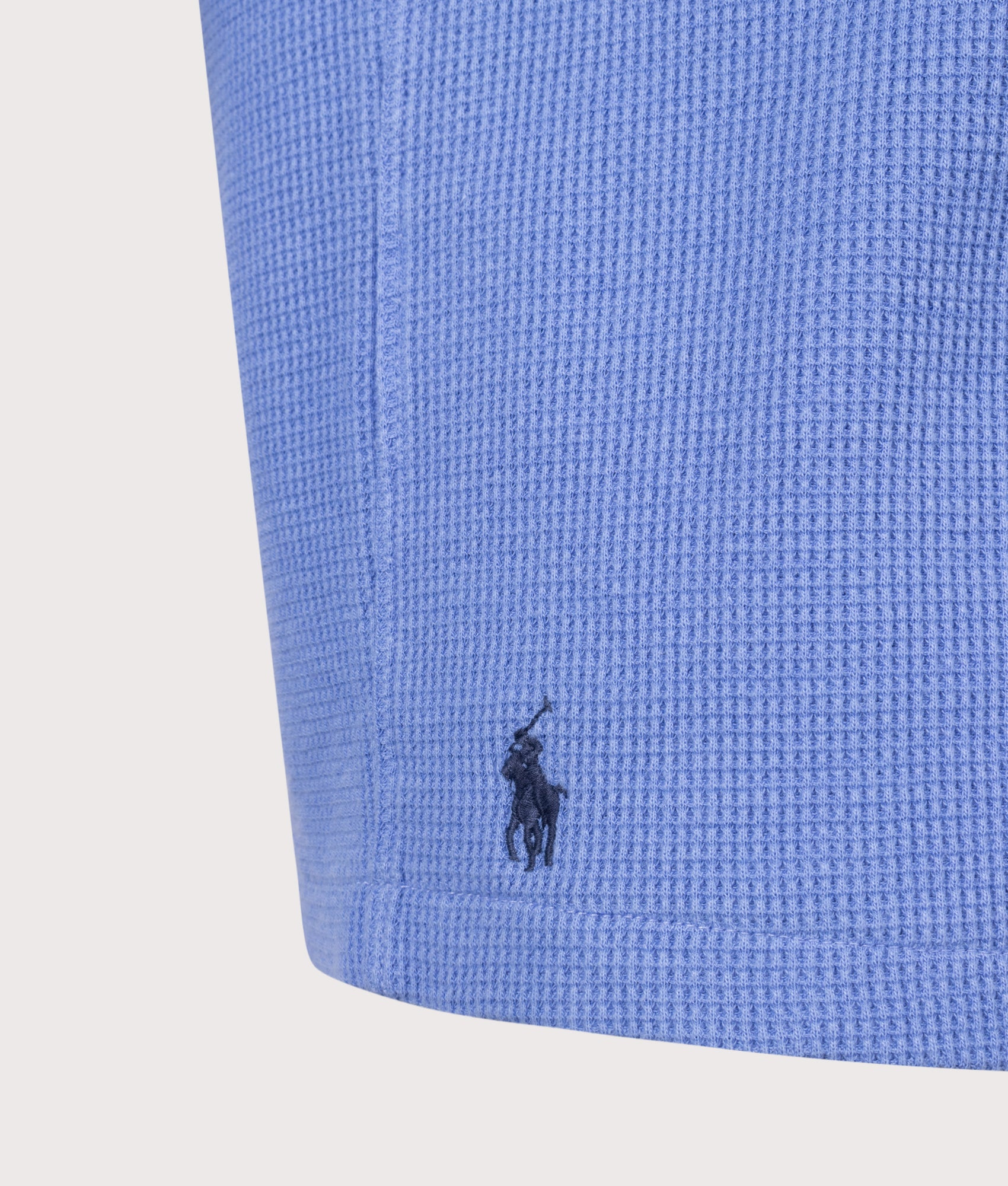 Polo Ralph Lauren Waffle-Knit Cotton-Linen Camp Shirt in Harbor Island Blue at EQVVS Menswear. Detail shot.