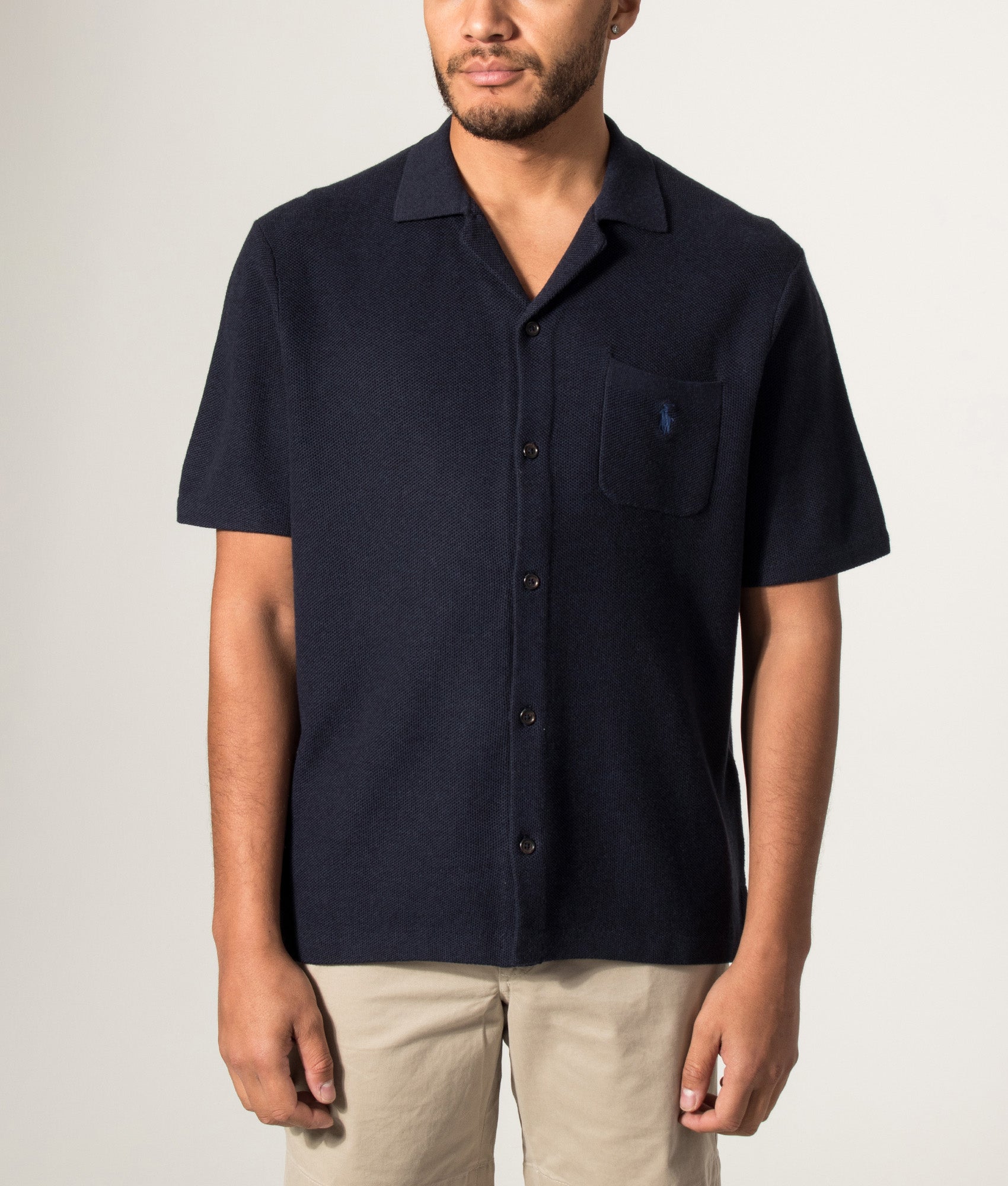 Polo Ralph Lauren Mesh Knit Cotton Short Sleeve Shirt in Navy Heather at EQVVS Menswear. Model front shot.