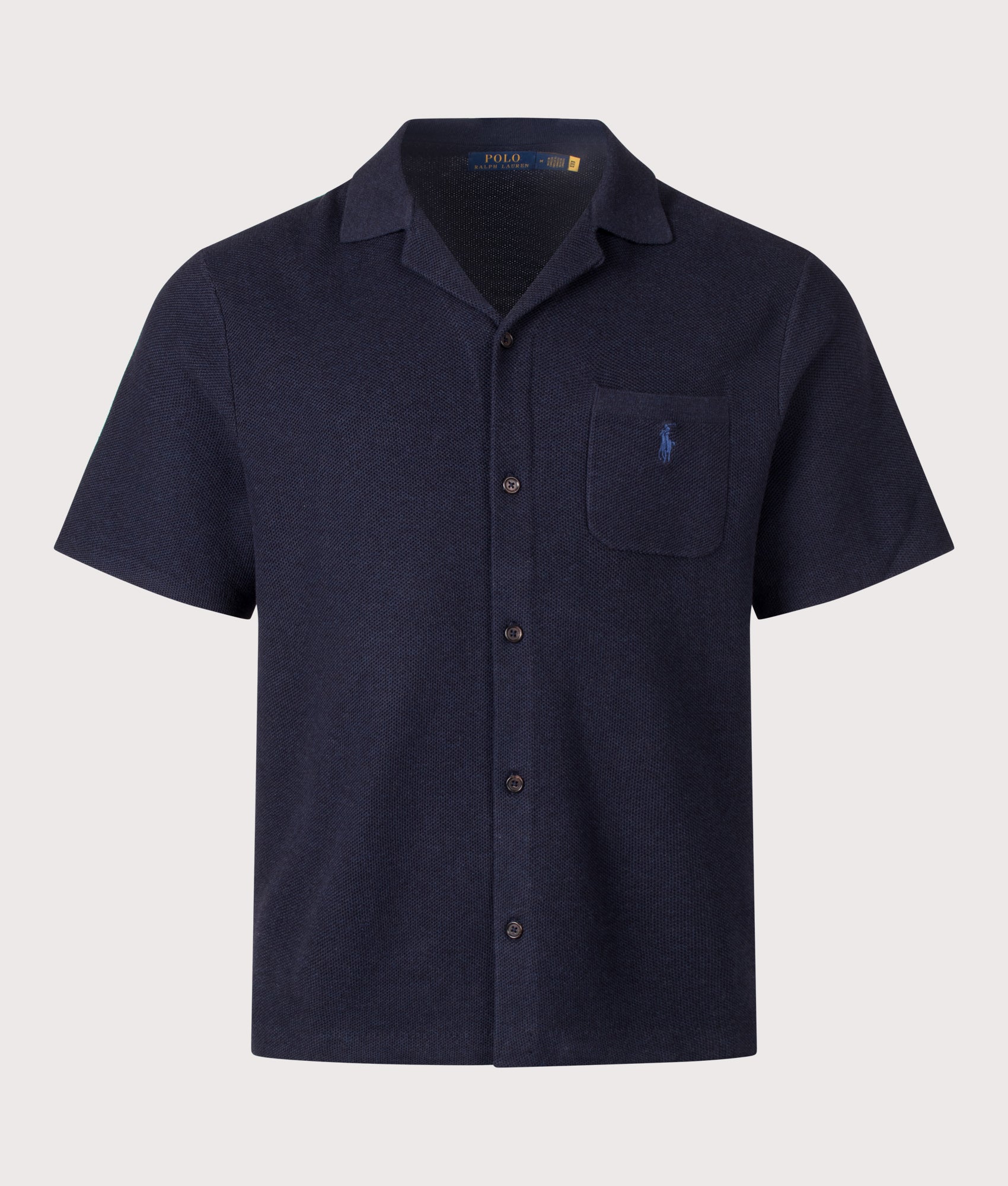 Polo Ralph Lauren Mesh Knit Cotton Short Sleeve Shirt in Navy Heather at EQVVS Menswear. Front shot.