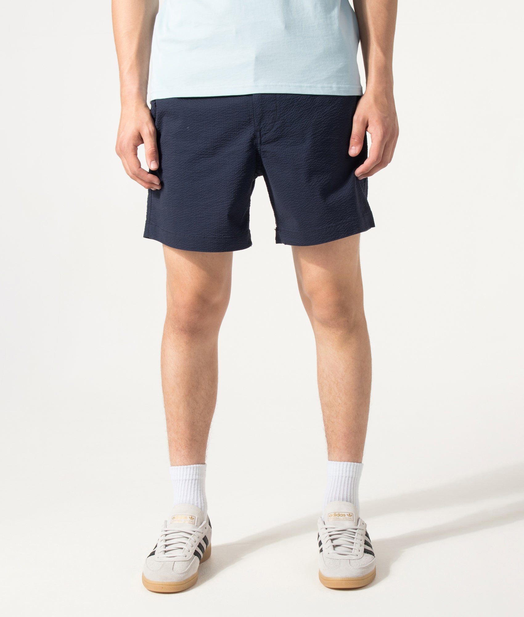 Polo Ralph Lauren Classic Fit Polo Prepster Performance Shorts in Newport Navy and Collection Navy at EQVVS Menswear. Model front shot.
