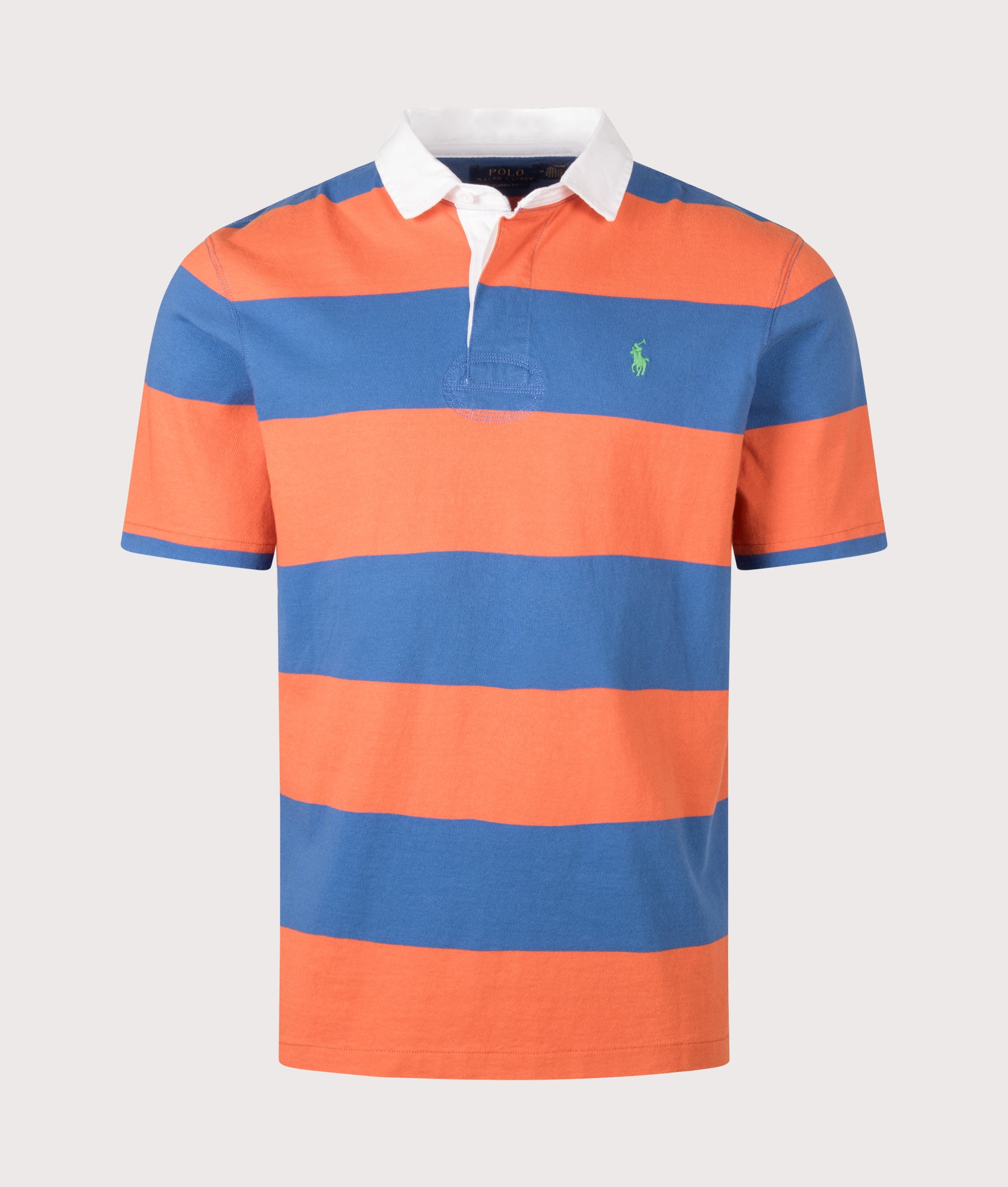 Classic Fit Short Sleeve Rugby Shirt in Solar Sky by Polo Ralph Lauren. Shot by EQVVS. Front shot. 