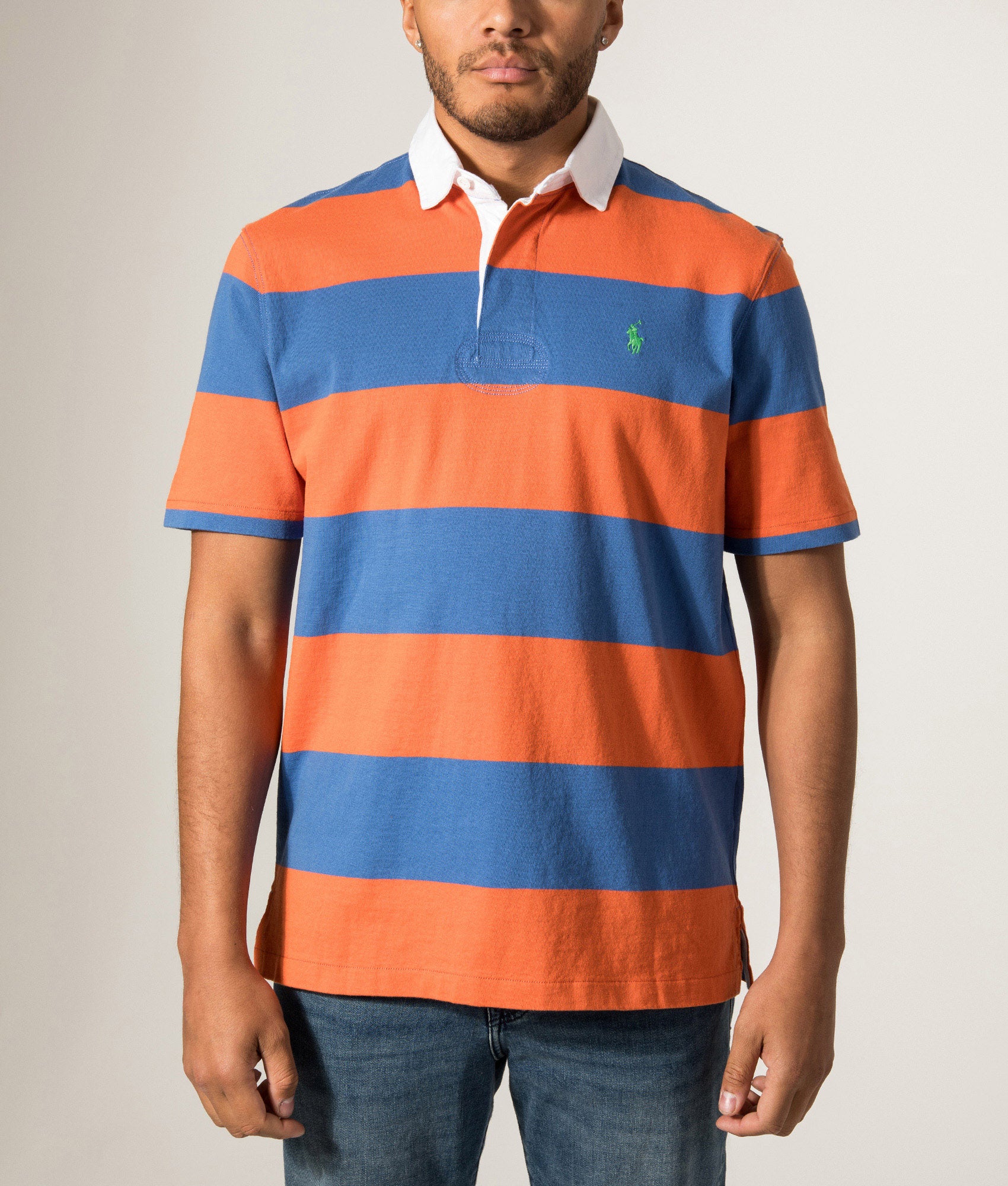 Classic Fit Short Sleeve Rugby Shirt in Solar Sky by Polo Ralph Lauren. Shot by EQVVS. Model shot.