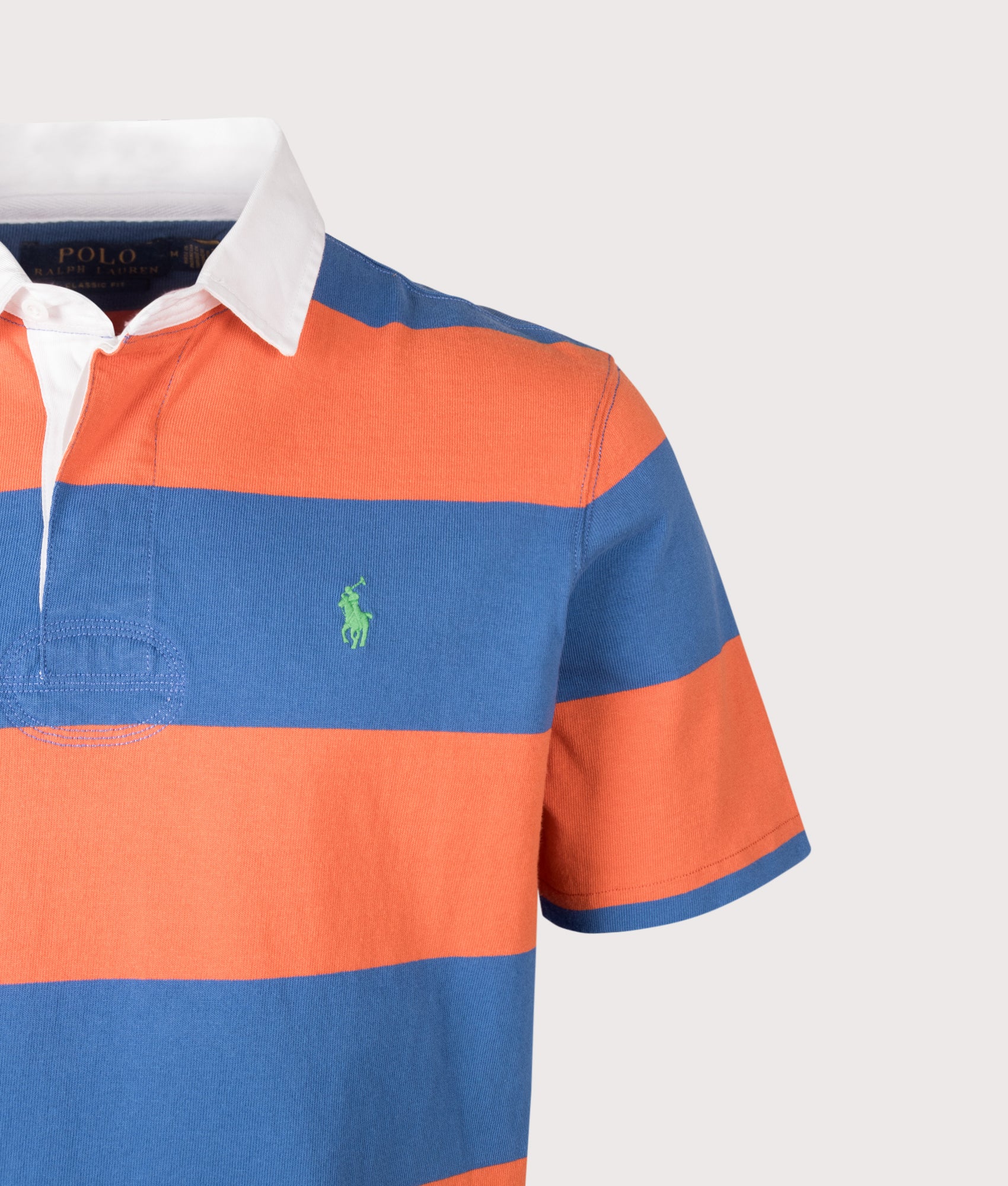 Classic Fit Short Sleeve Rugby Shirt in Solar Sky by Polo Ralph Lauren. Shot by EQVVS. Detail shot. 