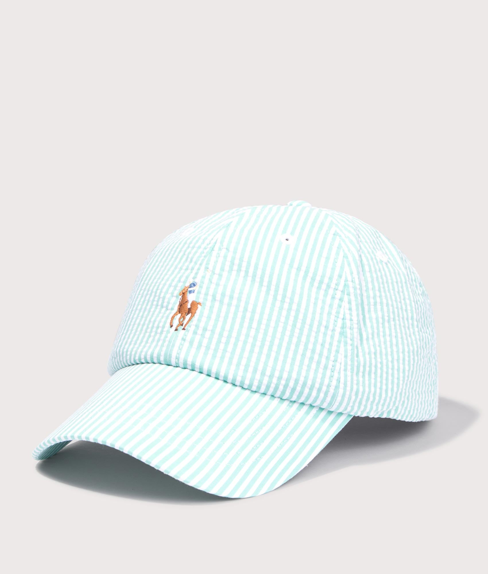 Polo Ralph Lauren Seersucker Ball Cap in Key West Seersucker at EQVVS Menswear. Front angled shot.