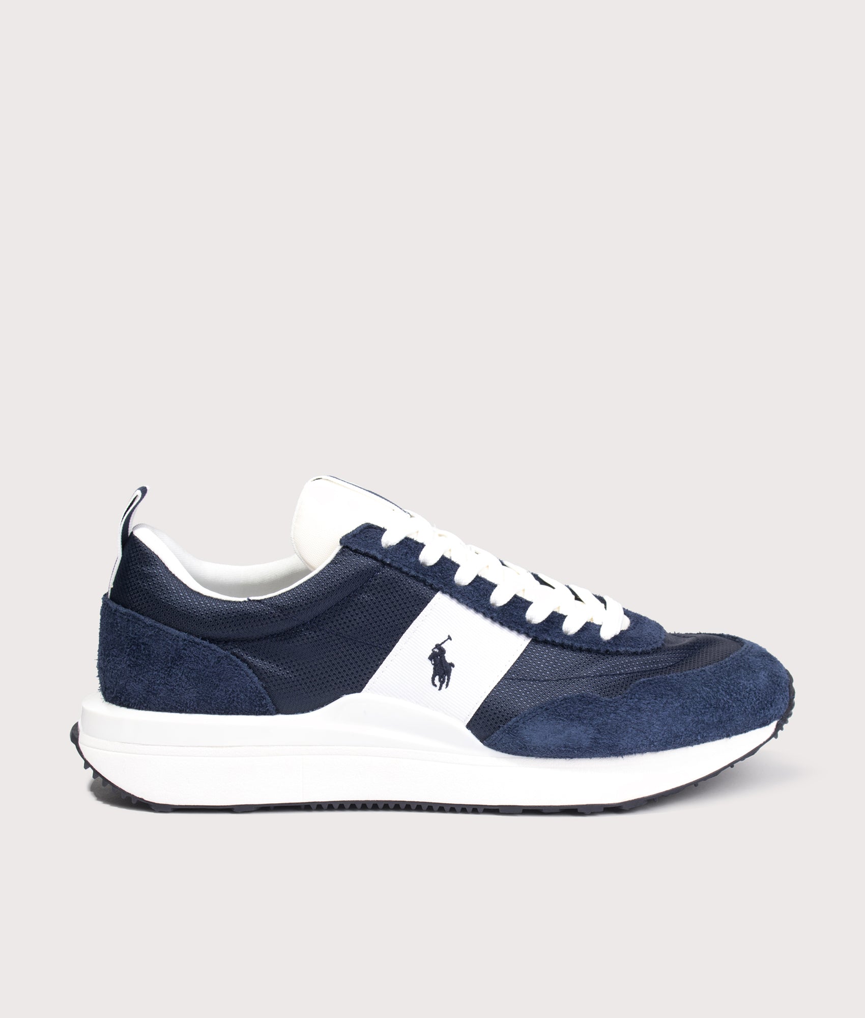Polo Ralph Lauren Train 89 Suede Oxford Trainers in Navy and Deckwash White at EQVVS Menswear. Side shot.