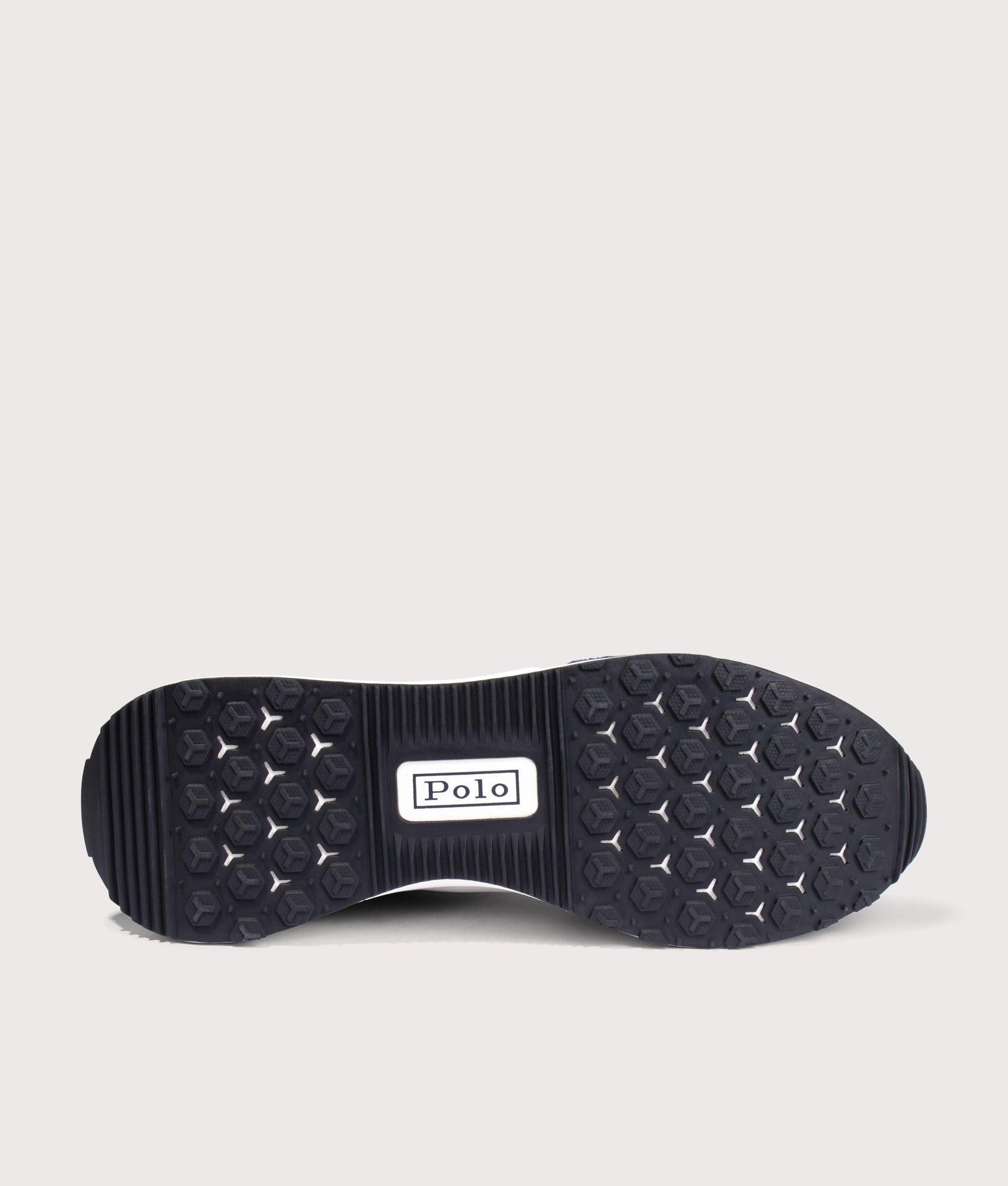 Polo Ralph Lauren Train 89 Suede Oxford Trainers in Navy and Deckwash White at EQVVS Menswear. Tread shot.