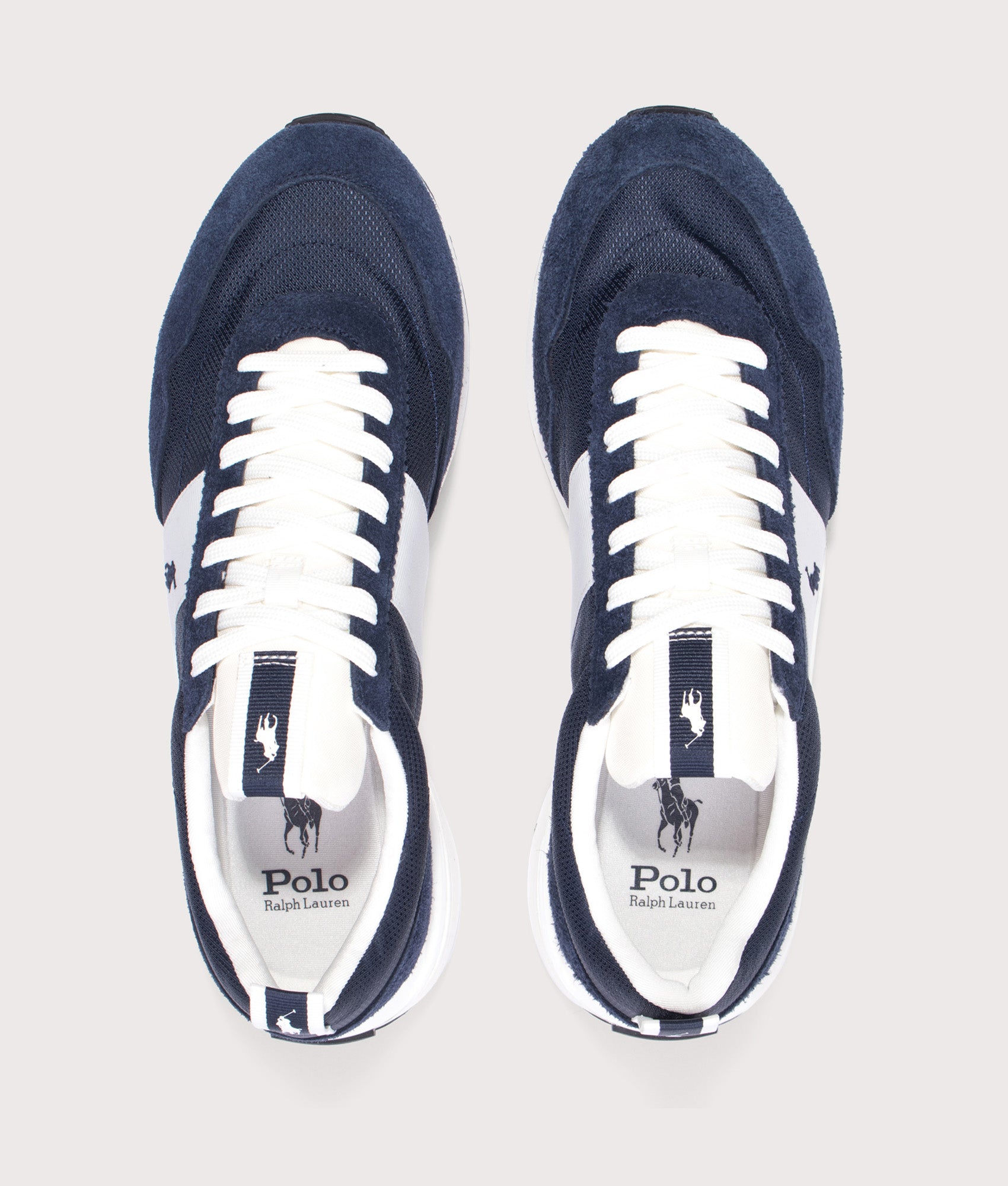 Polo Ralph Lauren Train 89 Suede Oxford Trainers in Navy and Deckwash White at EQVVS Menswear. Top shot.