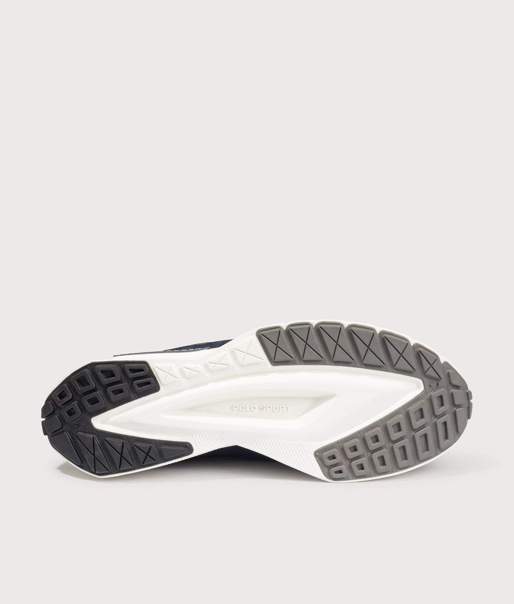 Polo Ralph Lauren Boerum Suede-Paneled Knit Trainers in Hunter Navy and Dark Metal at EQVVS Menswear. Tread shot.