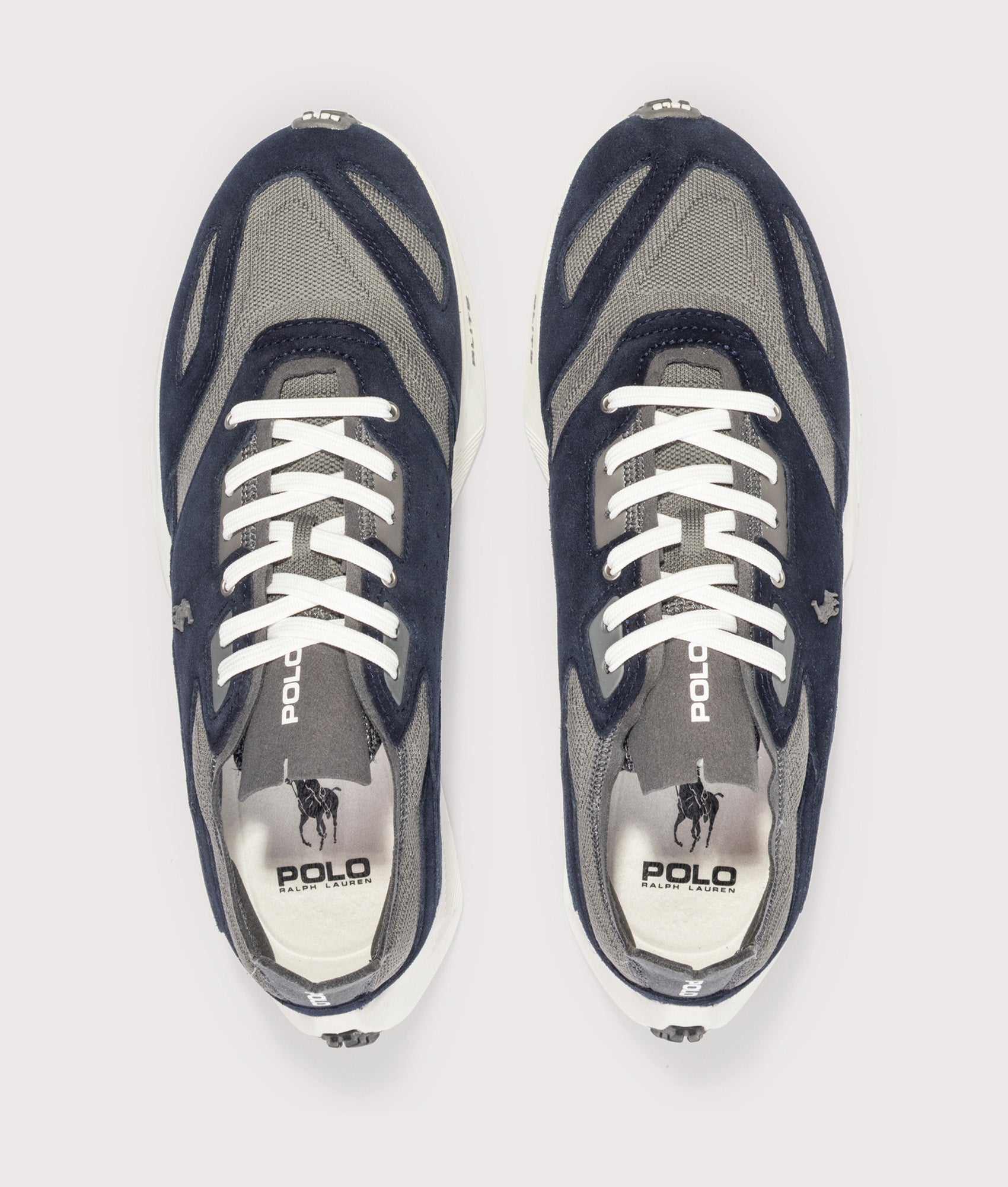 Polo Ralph Lauren Boerum Suede-Paneled Knit Trainers in Hunter Navy and Dark Metal at EQVVS Menswear. Top shot.