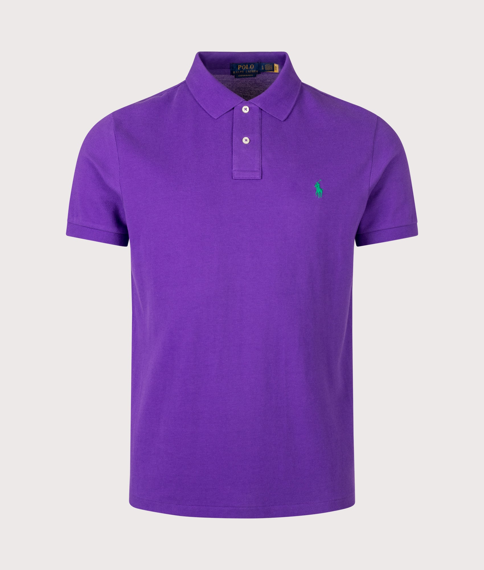 Polo Ralph Lauren Custom Slim Fit Mesh Polo Shirt in Cabana Purple at EQVVS Menswear. Front shot.