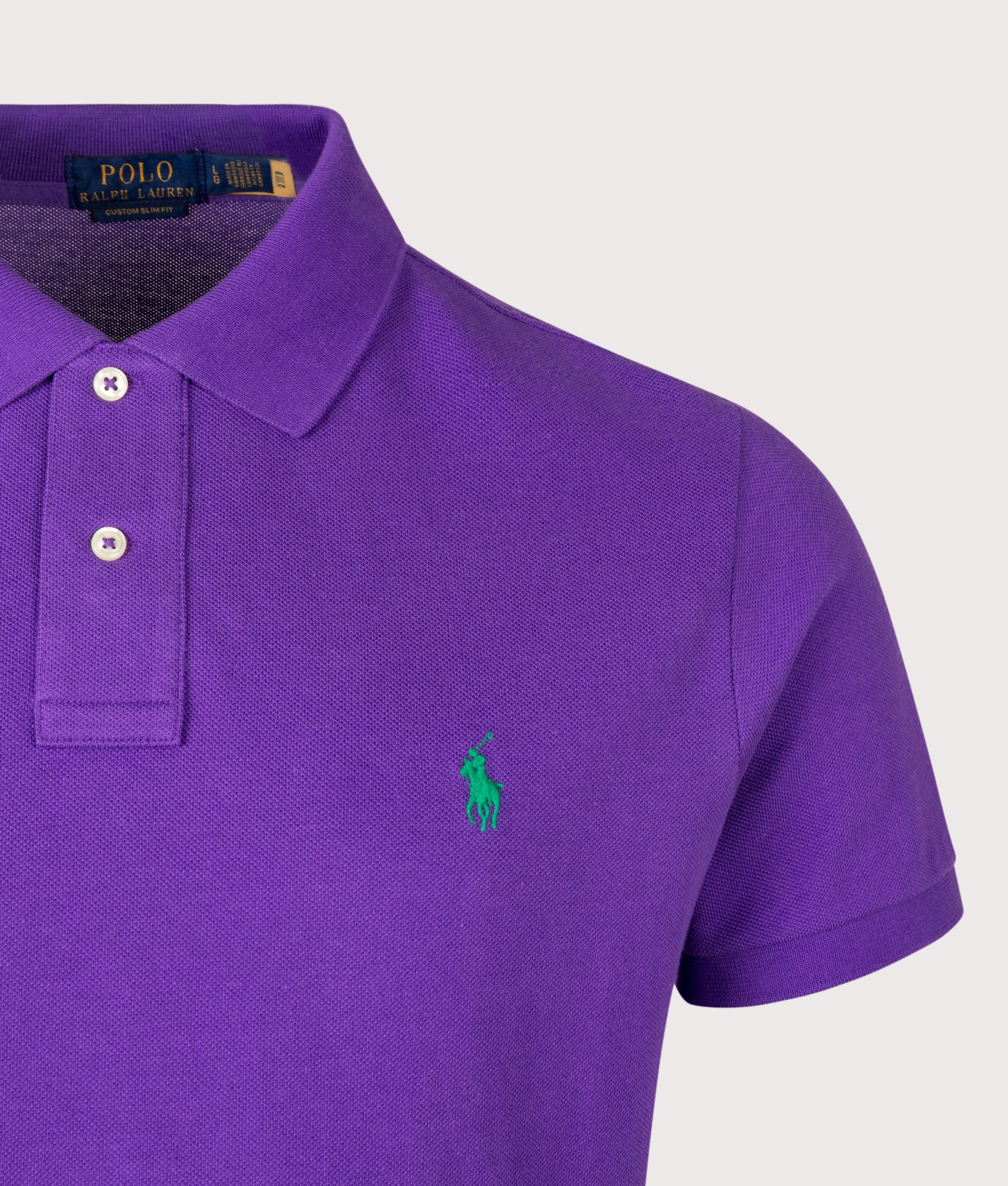 Polo Ralph Lauren Custom Slim Fit Mesh Polo Shirt in Cabana Purple at EQVVS Menswear. Detail shot.
