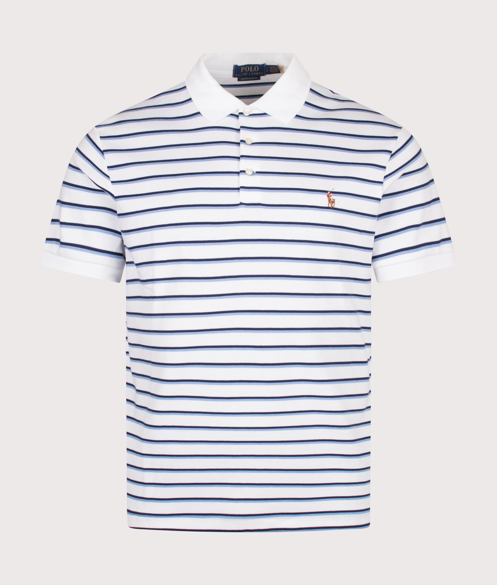 Polo Ralph Lauren Custom Slim Fit Striped Soft Cotton Polo Shirt in White Blue Multi at EQVVS Menswear. Front shot.