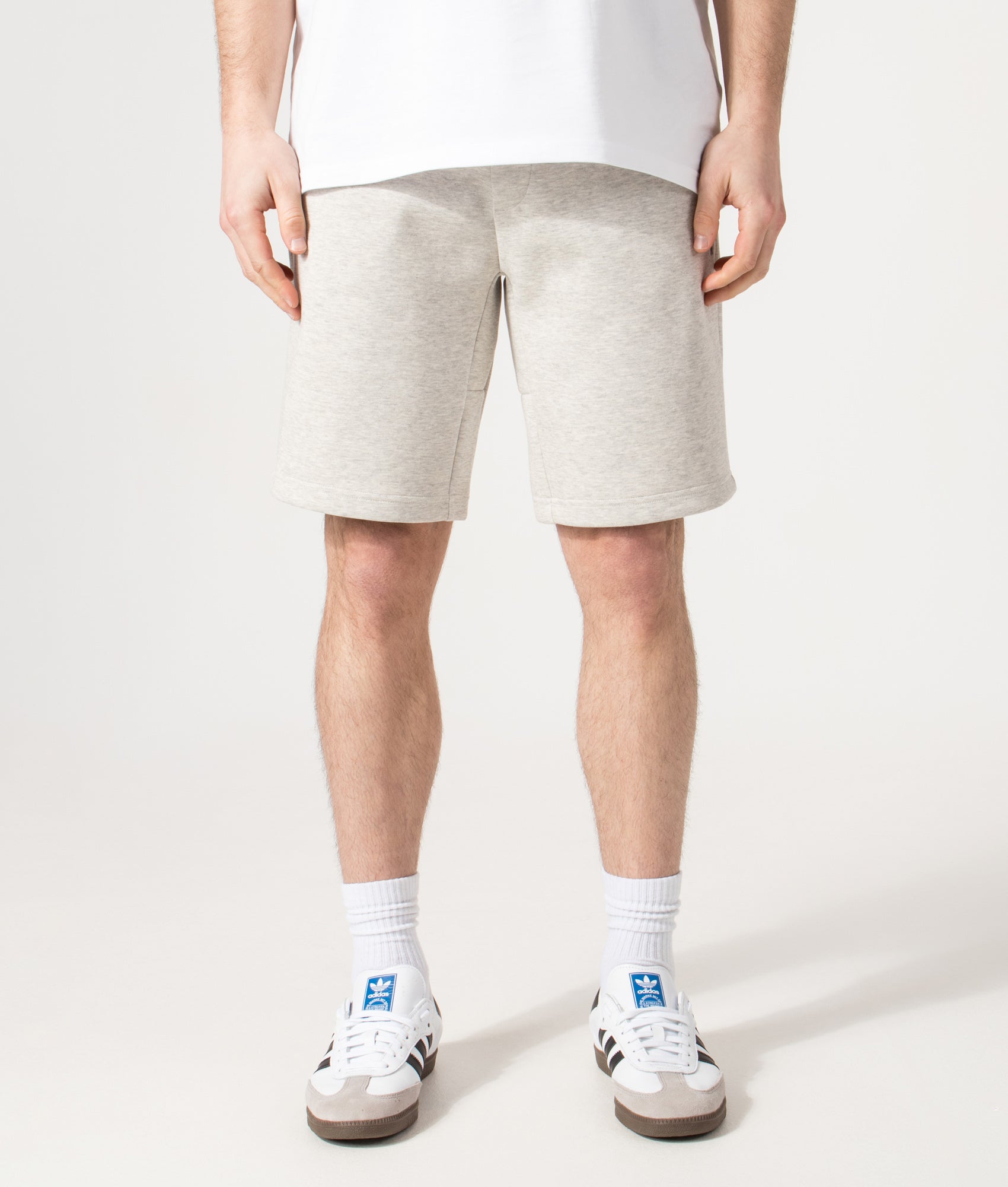 Polo Ralph Lauren Regular Fit Double Knit Athletic Sweat Shorts in Light Sport Heather at EQVVS Menswear. Model front shot.