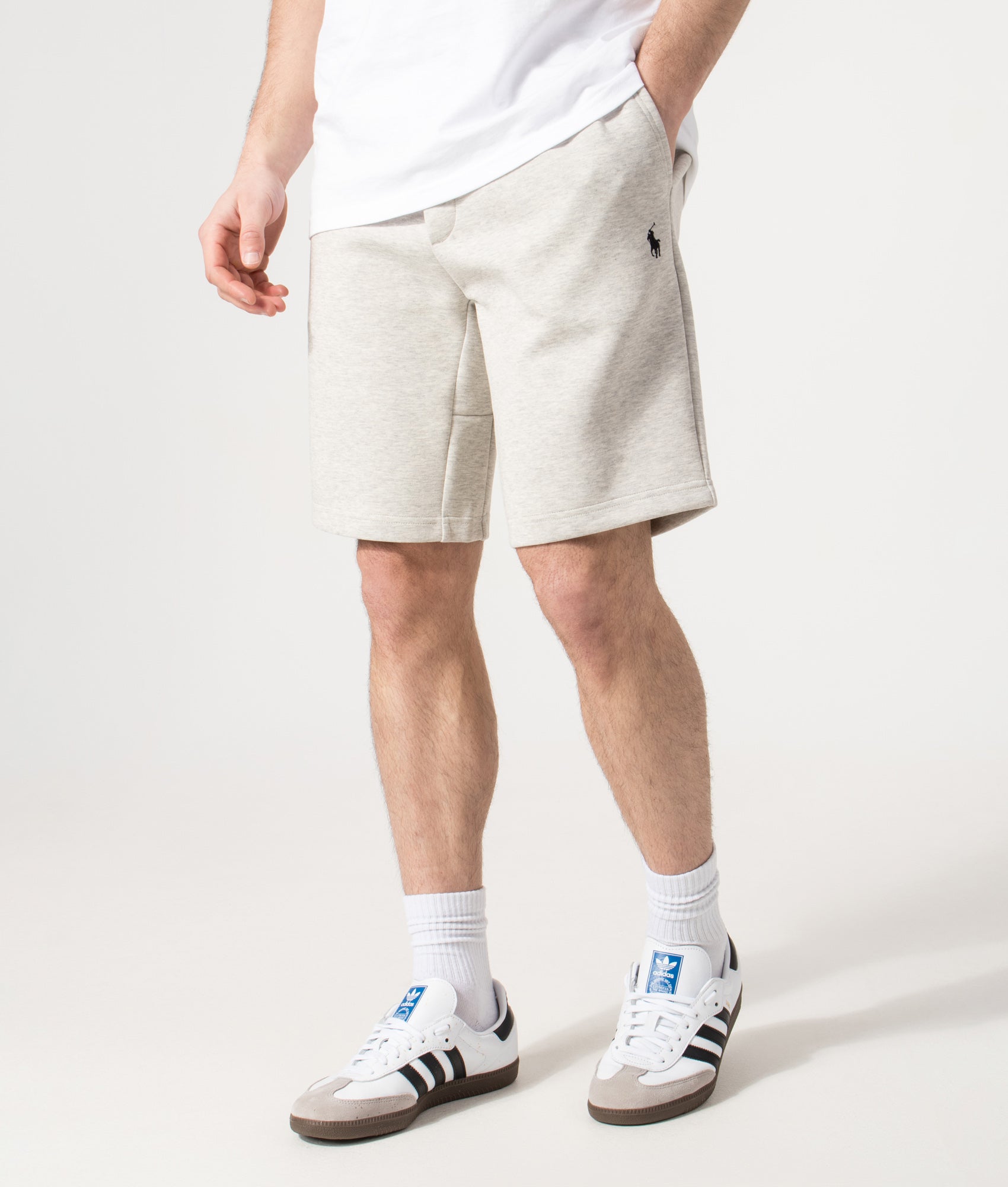 Polo Ralph Lauren Regular Fit Double Knit Athletic Sweat Shorts in Light Sport Heather at EQVVS Menswear. Angled model front shot.