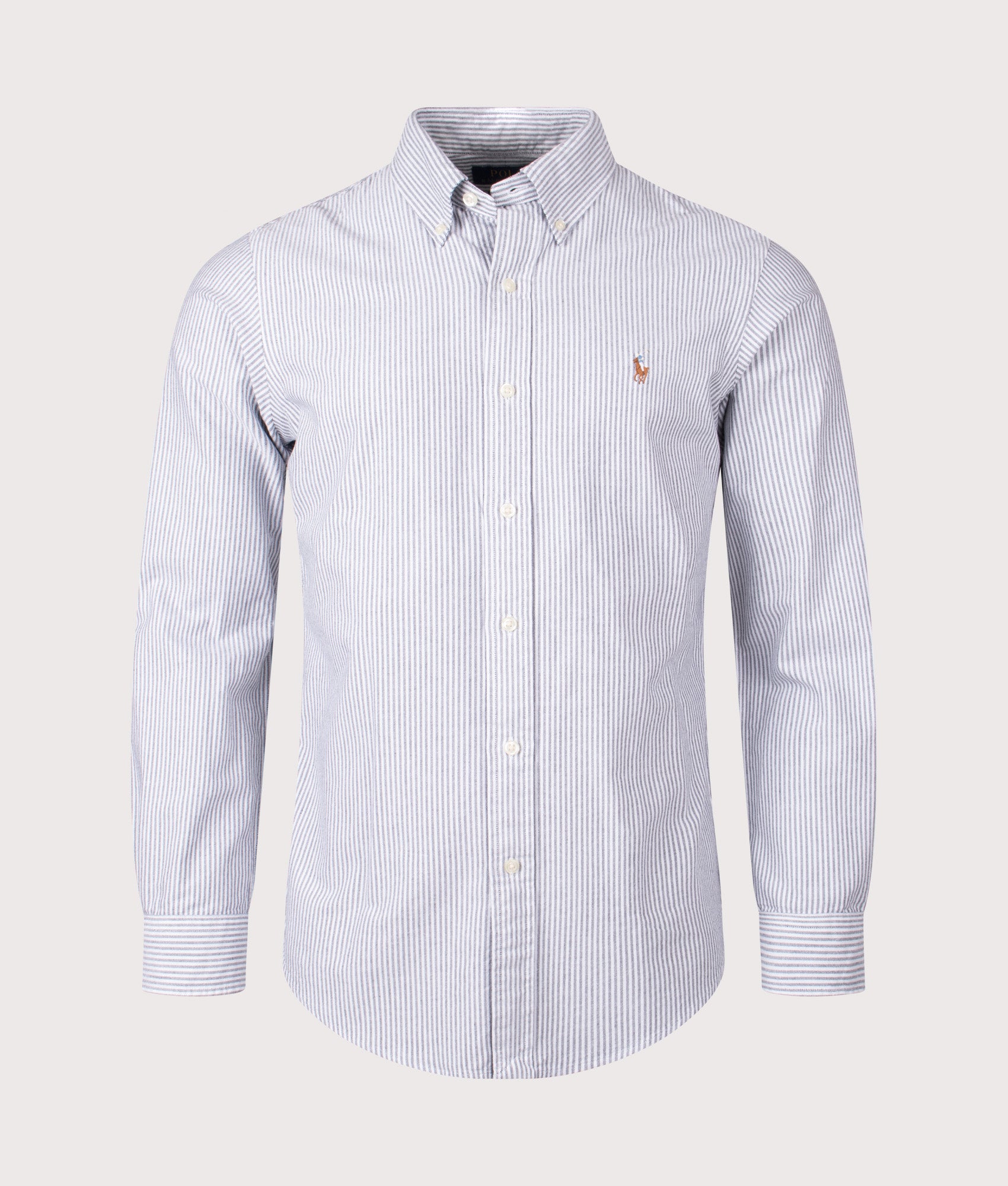 Custom Fit Striped Oxford Shirt in Slate/White | 100% Cotton | Polo Ralph Lauren | EQVVS | Front shot 