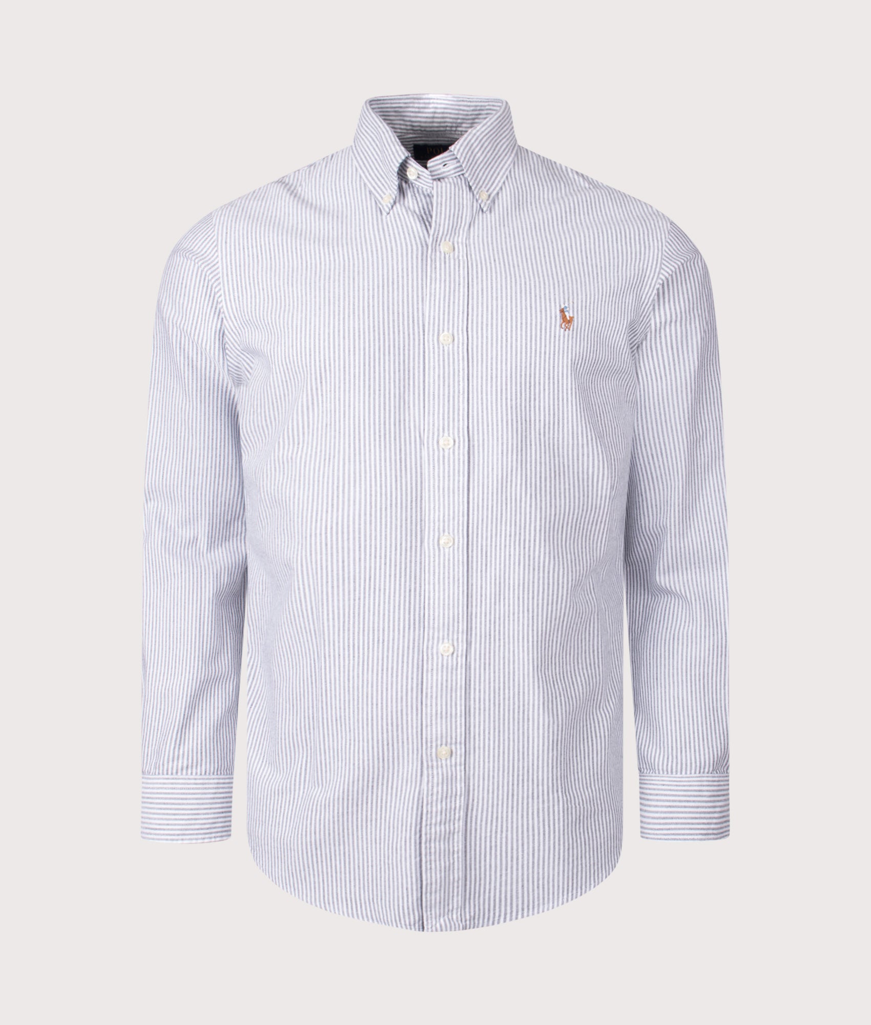 Polo Ralph Lauren Custom Fit Striped Oxford Shirt in Slate/White at EQVVS Menswear. Front shot.