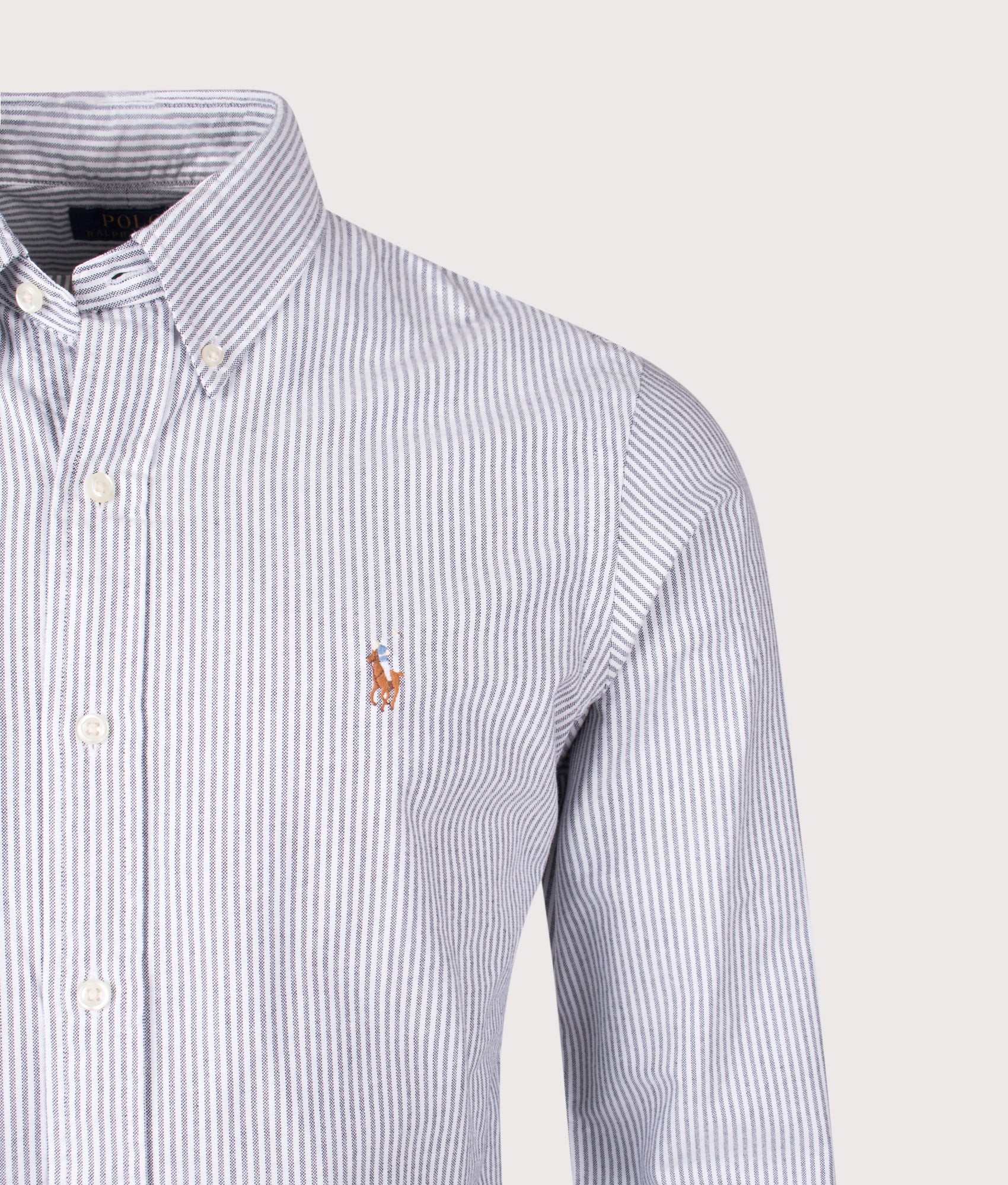 Custom Fit Striped Oxford Shirt in Slate/White | 100% Cotton | Polo Ralph Lauren | EQVVS | Front detail shot 