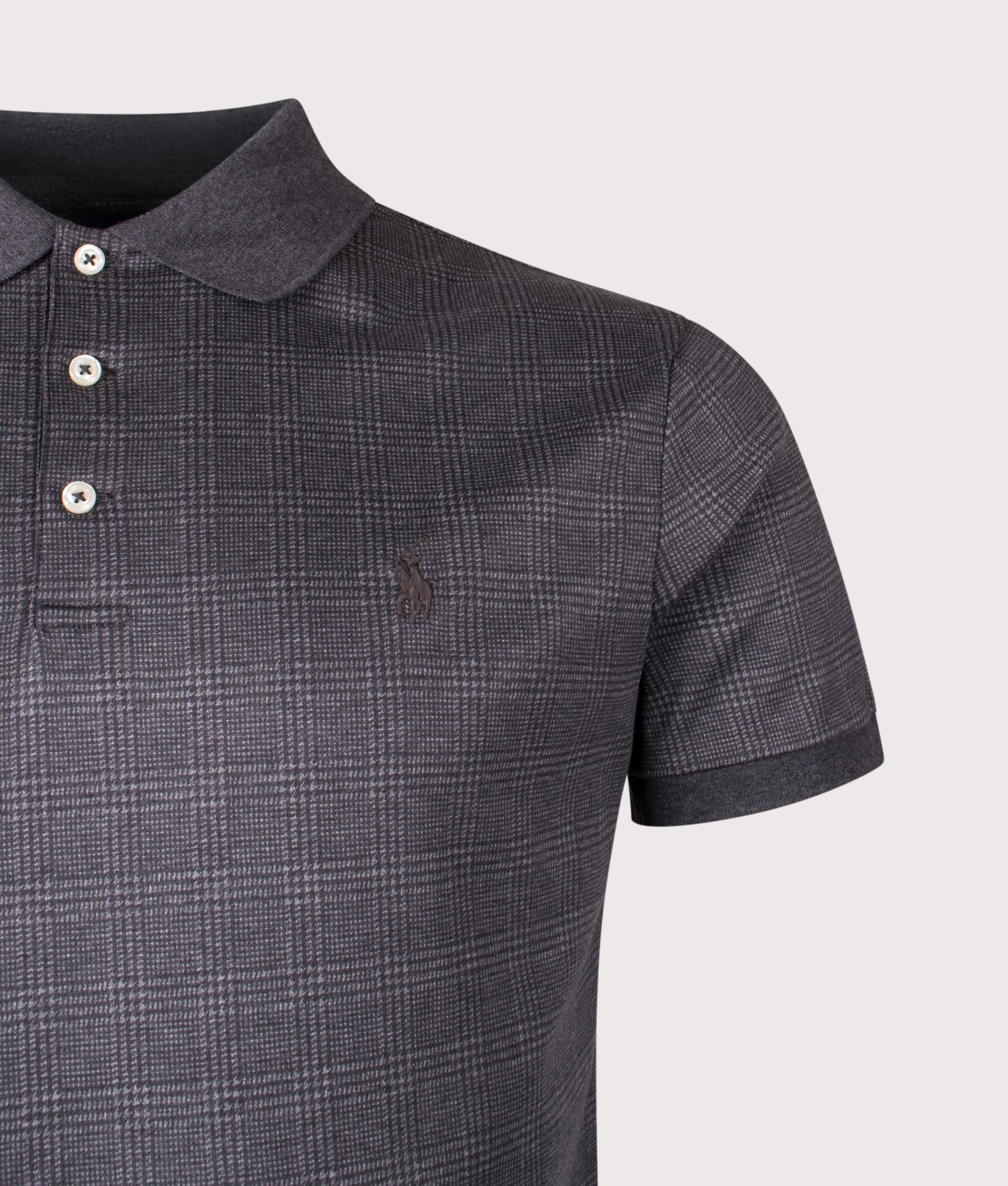 Custom Slim Fit Glen Plaid-Print Polo Shirt in Fairway Glen/Med Flannel Heather | 100% Cotton | Polo Ralph Lauren | EQVVS | Front detail shot 