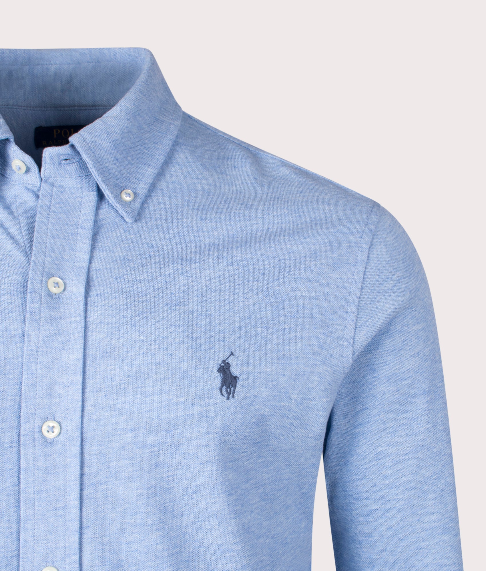 Polo Ralph Lauren Relaxed Fit Featherweight Mesh Shirt in Isle Heather at EQVVS Menswear. Detail shot.