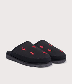 Reade Suede-Trim Polo Pony Scuff Slippers in Black/Red PP | Polo Ralph Lauren | EQVVS | Front angle shot 
