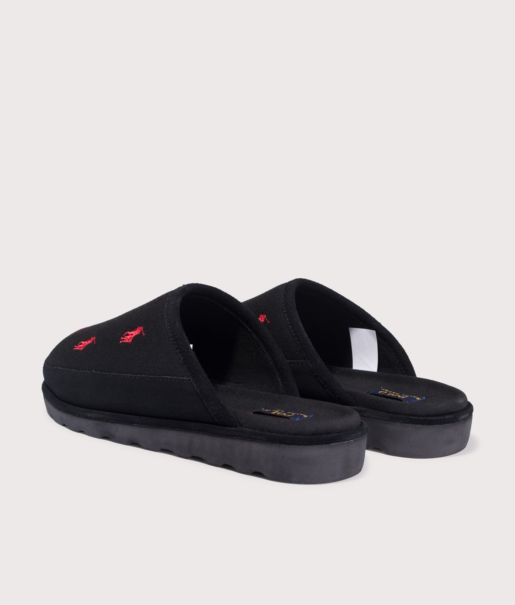 Reade Suede-Trim Polo Pony Scuff Slippers in Black/Red PP | Polo Ralph Lauren | EQVVS | Back angle shot 