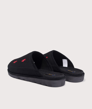 Reade Suede-Trim Polo Pony Scuff Slippers in Black/Red PP | Polo Ralph Lauren | EQVVS | Back angle shot 