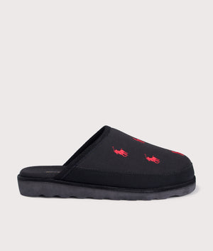Reade Suede-Trim Polo Pony Scuff Slippers in Black/Red PP | Polo Ralph Lauren | EQVVS | Side shot 