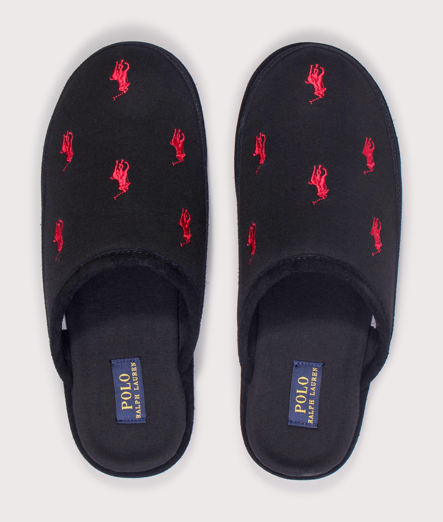 Reade Suede-Trim Polo Pony Scuff Slippers in Black/Red PP | Polo Ralph Lauren | EQVVS | Top shot 