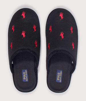 Reade Suede-Trim Polo Pony Scuff Slippers in Black/Red PP | Polo Ralph Lauren | EQVVS | Top shot 