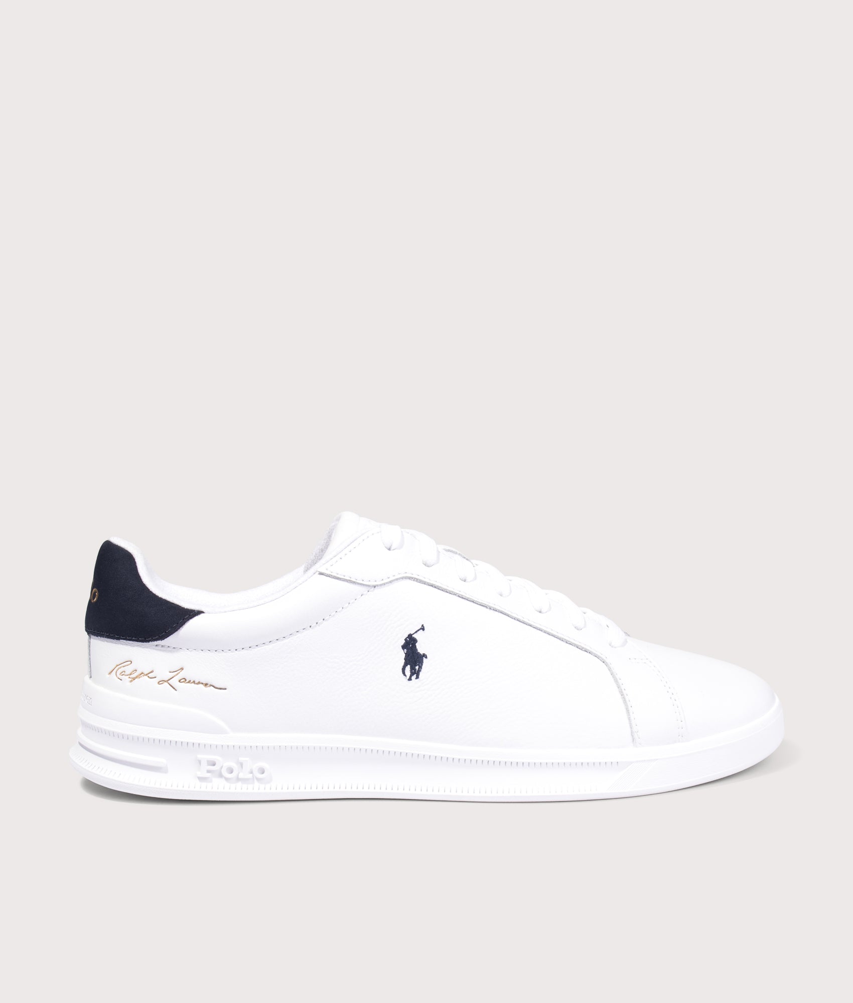 Polo Ralph Lauren Heritage Court II Leather Trainers in White and Hunter Navy at EQVVS Menswear. Side shot.