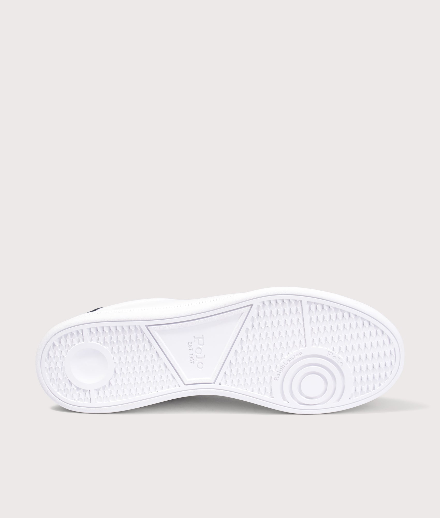 Polo Ralph Lauren Heritage Court II Leather Trainers in White and Hunter Navy at EQVVS Menswear. Tread shot.