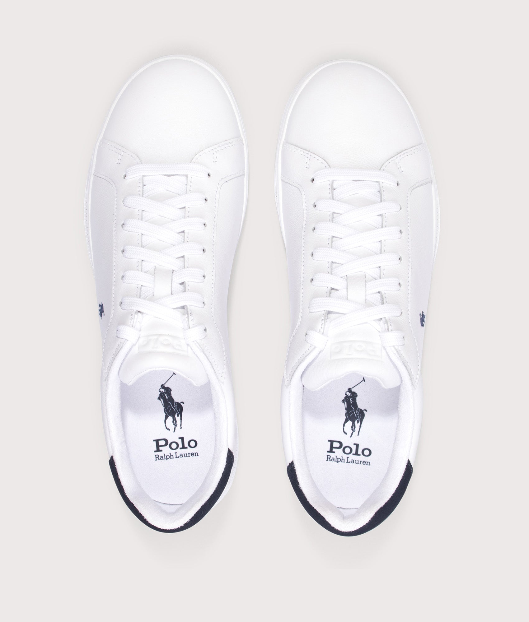 Polo Ralph Lauren Heritage Court II Leather Trainers in White and Hunter Navy at EQVVS Menswear. Top shot.