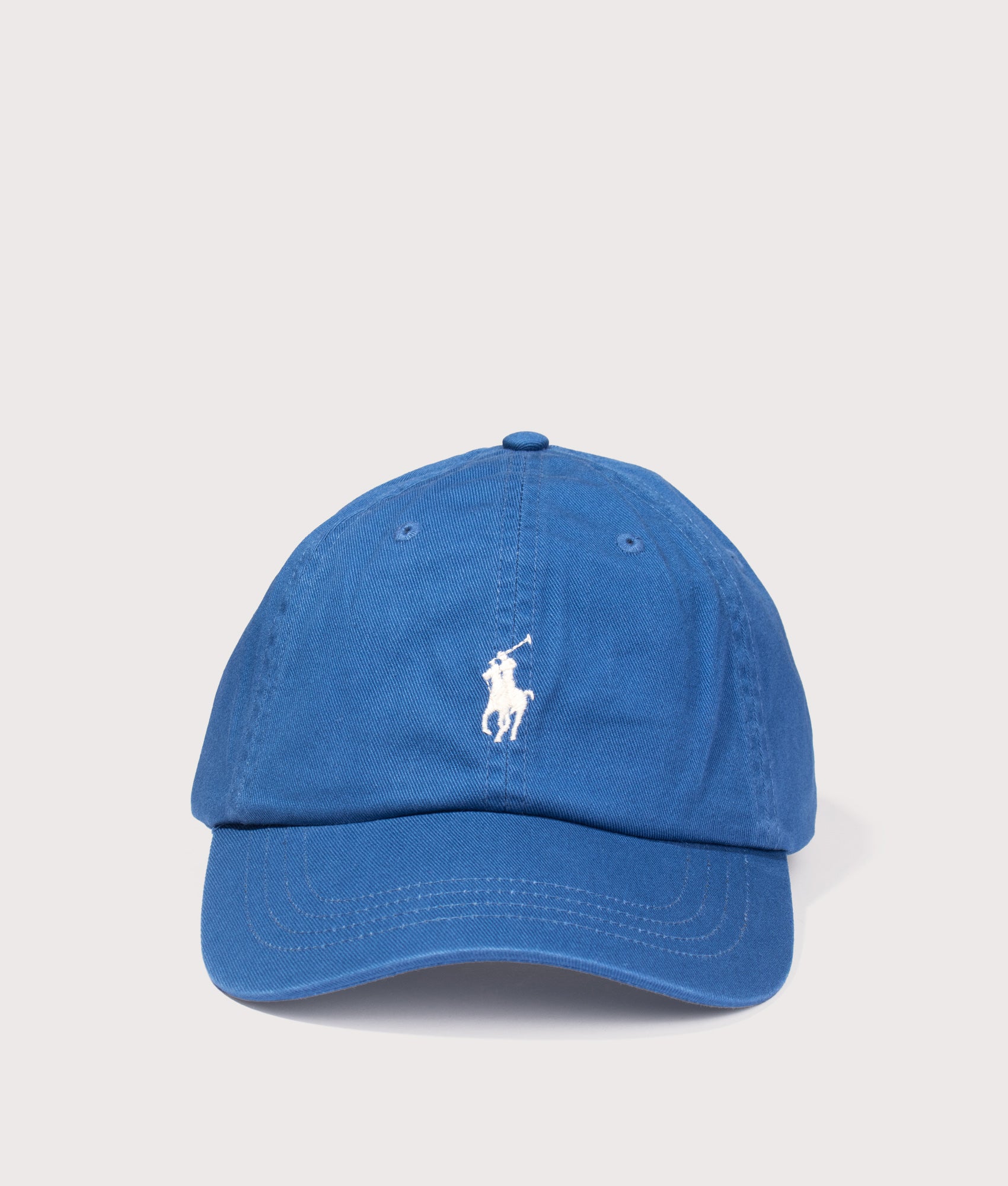 Polo Ralph Lauren Iconic Cotton Chino Ball Cap in Dusty Azure and Cream Polo Pony at EQVVS Menswear. Front shot.