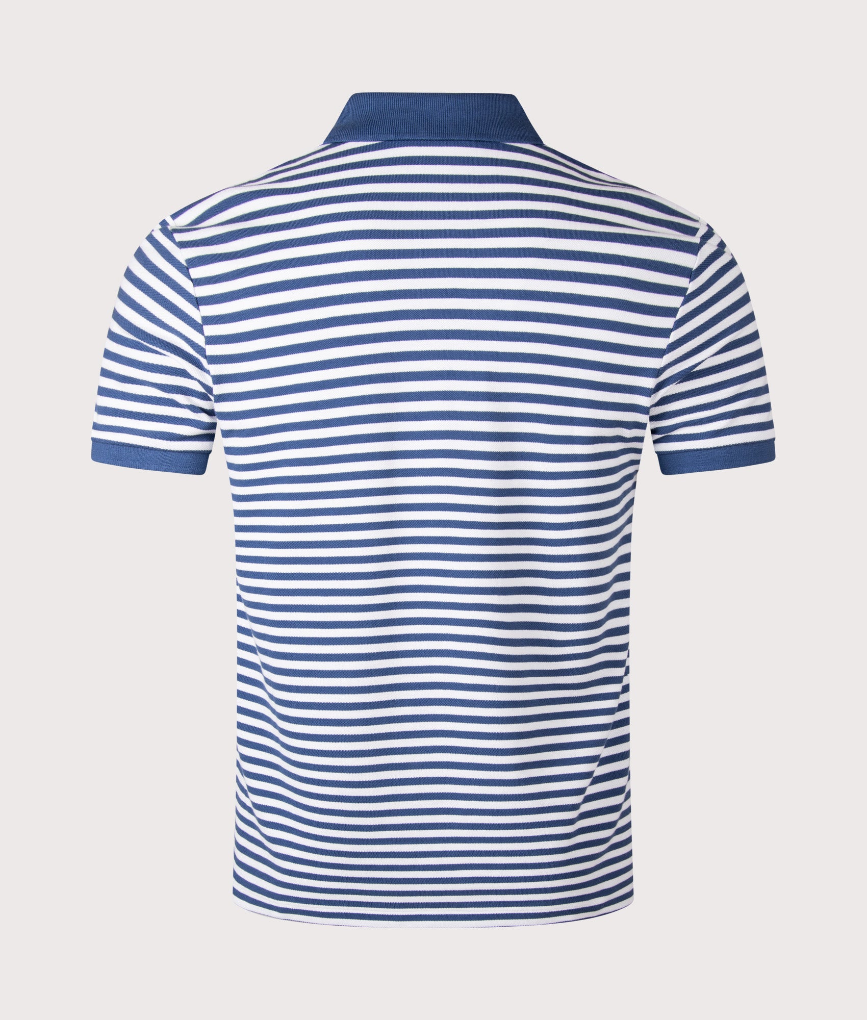 Custom Slim Fit Striped Mesh Polo Shirt in Old Royal/ White by Polo Ralph Lauren. Shot by EQVVS. Back shot.