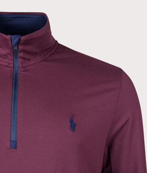 Polo Ralph lauren Quarter Zip Jersey Sweatshirt in Harvard Wine & Refined Navy detail Shot at EQVVS