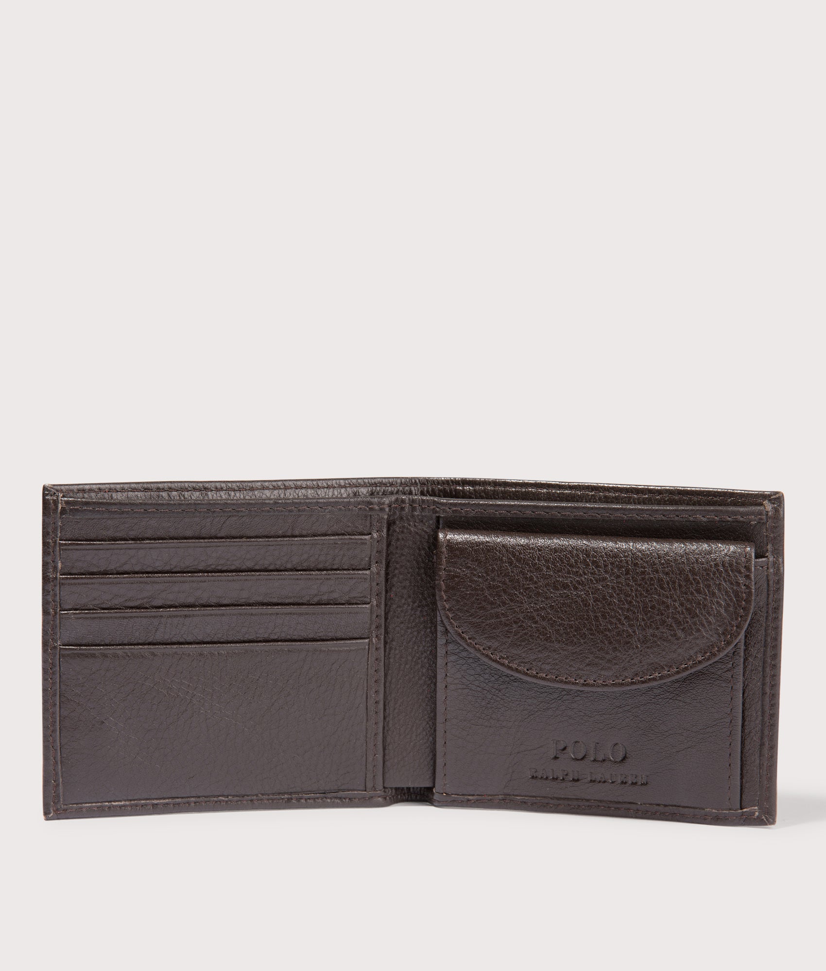 Polo Ralph Lauren Pebbled Leather Billfold Coin Wallet in Brown. EQVVS Open Shot.