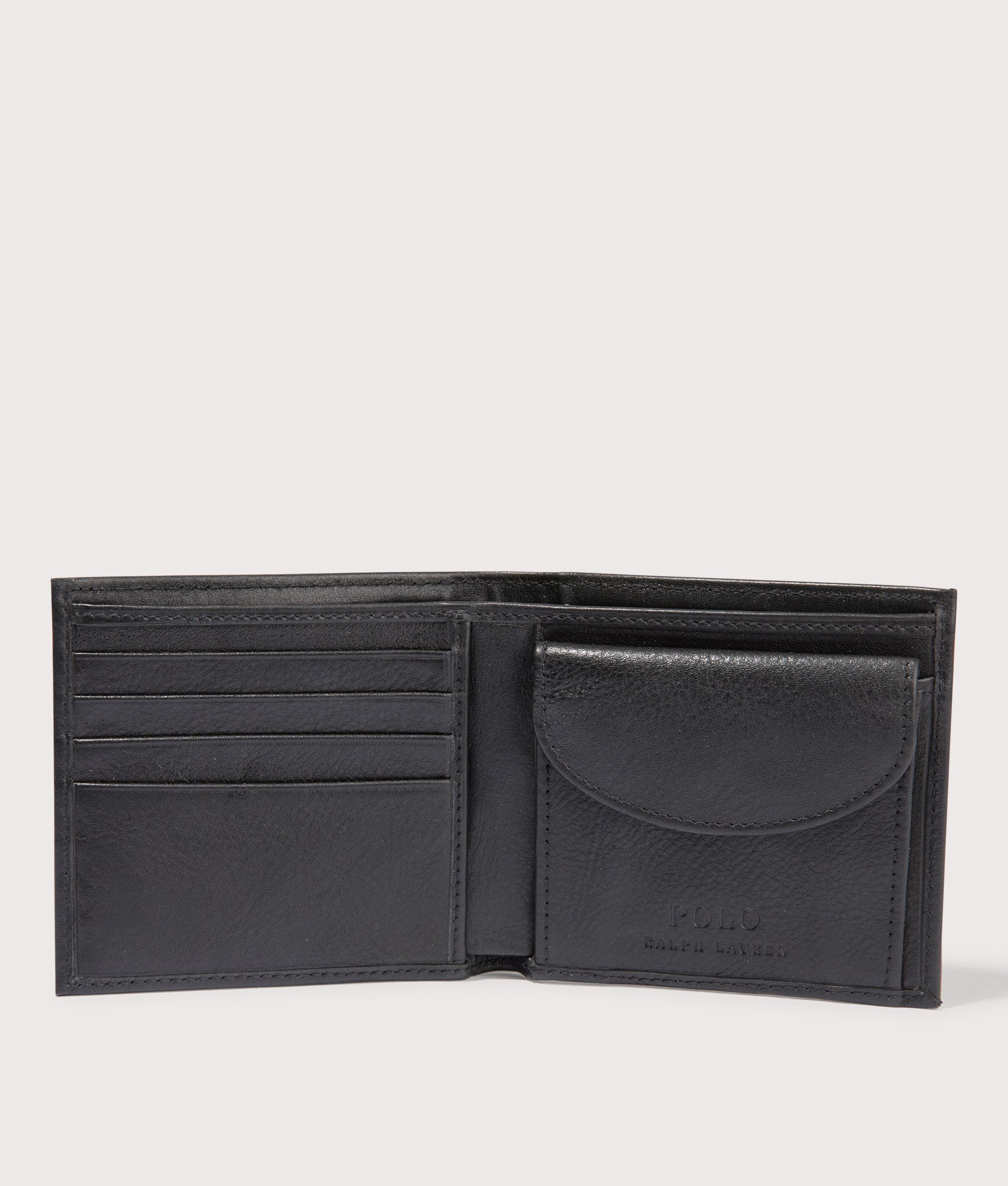 Polo Ralph Lauren Pebbled Leather Billfold Coin Wallet in Black. EQVVS Open Shot.