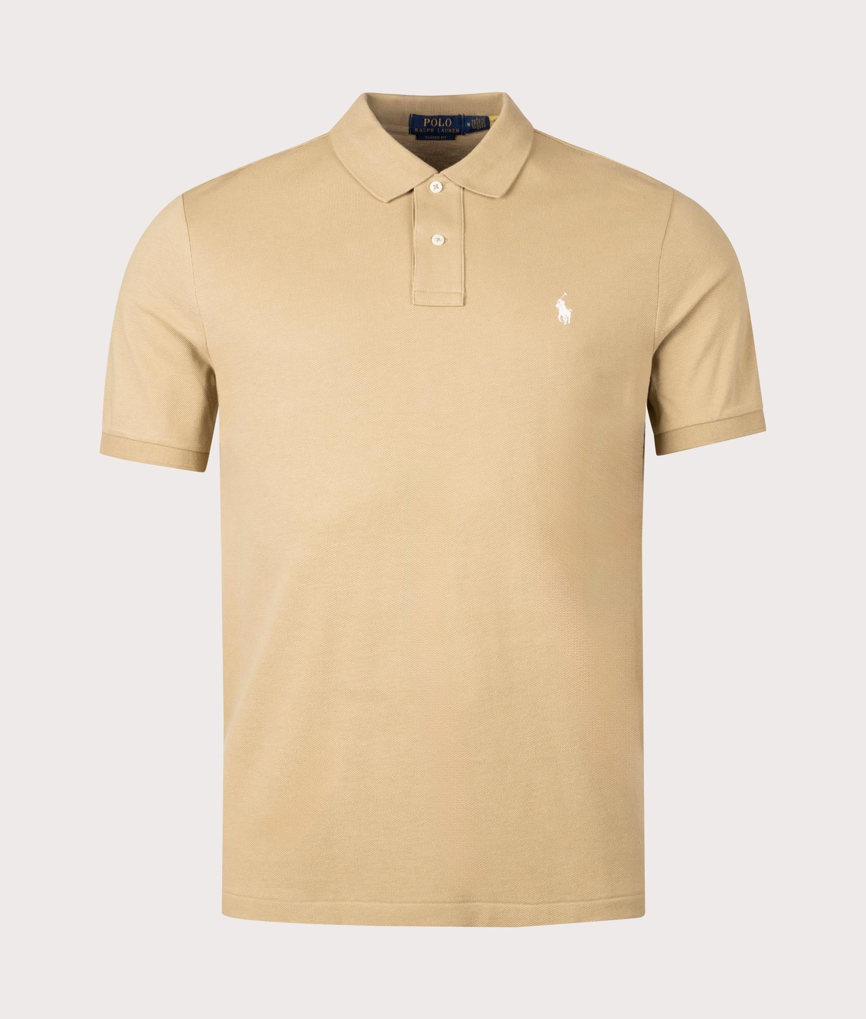 Classic Fit Mesh Polo Shirt in Cafe Tan by Polo Ralph Lauren. EQVVS Front Angle Shot.
