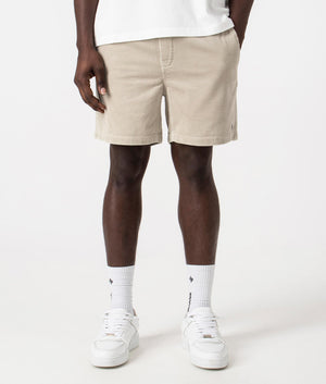 Polo Ralph Regular Fit Corduroy Prepster Shorts in Beige Khaki Angle Front Shot on Model at EQVVS