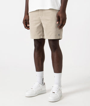 Polo Ralph Regular Fit Corduroy Prepster Shorts in Beige Khaki Angle Front Shot on Model at EQVVS