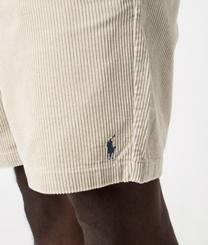 Polo Ralph Regular Fit Corduroy Prepster Shorts in Beige Khaki Angle Detail Shot on Model at EQVVS