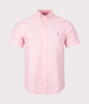 Polo Ralph Lauren Custom Fit Short Sleeve Lightweight Oxford Shirt in Pink, 100% Cotton front Shot EQVVS