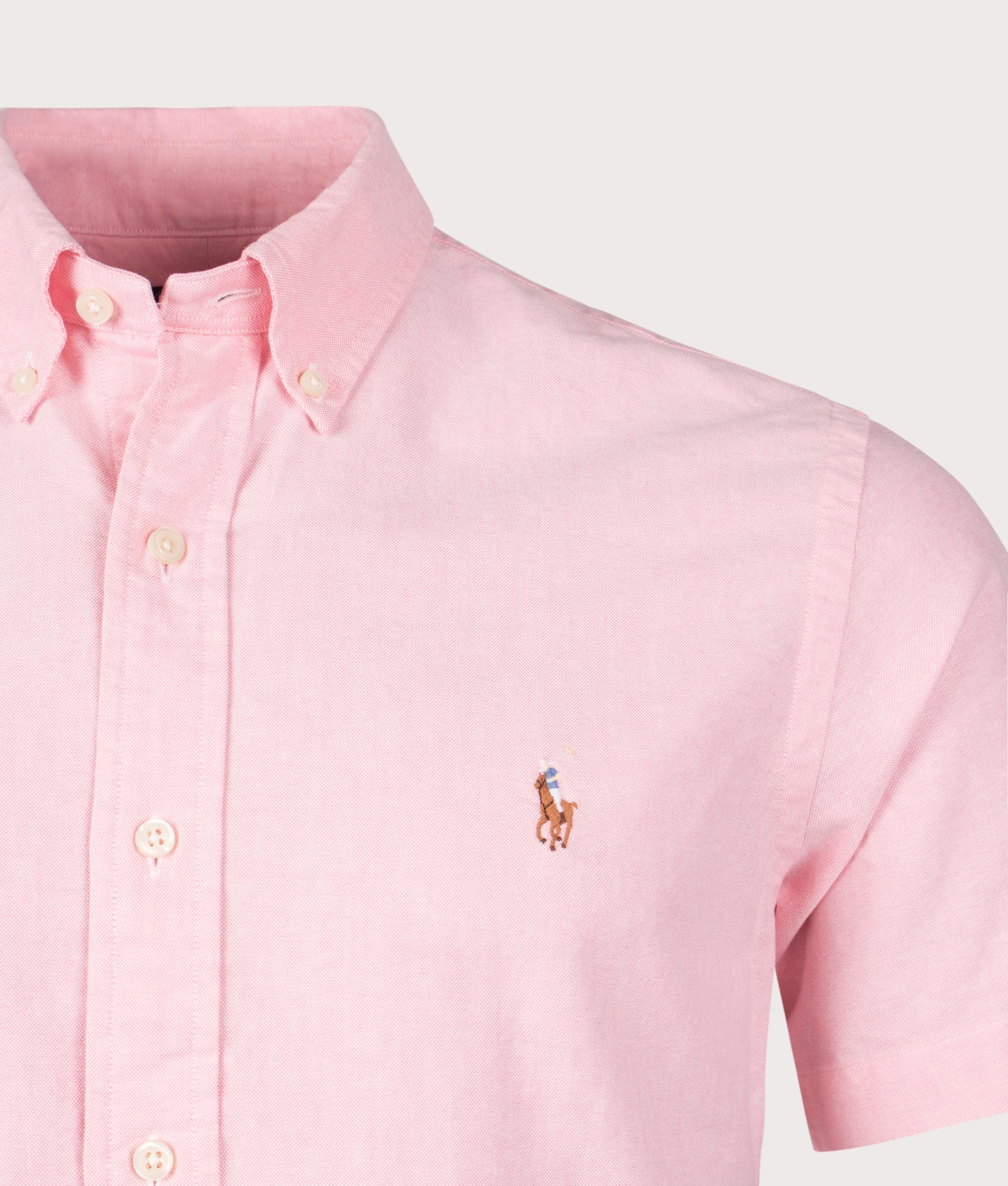 Polo Ralph Lauren Custom Fit Short Sleeve Lightweight Oxford Shirt in Pink, 100% Cotton Detail Shot EQVVS