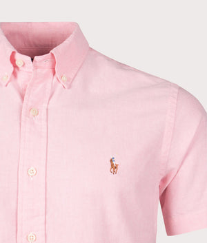 Polo Ralph Lauren Custom Fit Short Sleeve Lightweight Oxford Shirt in Pink, 100% Cotton Detail Shot EQVVS