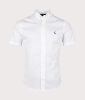 Slim Fit Short Sleeve Twill Sport Shirt in White by Polo Ralph Lauren. EQVVS Front Angle Shot.