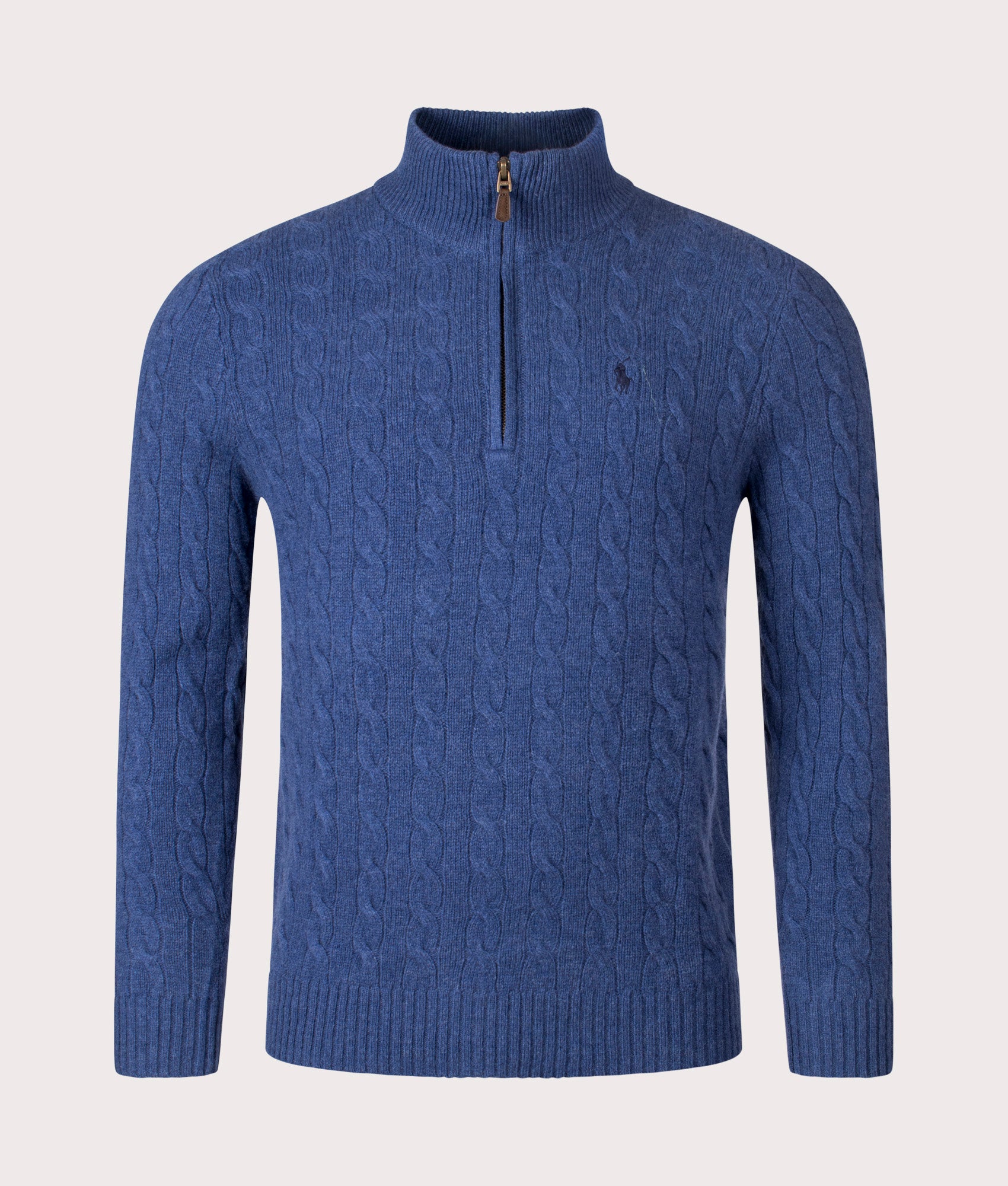 Cashmere Blend Quarter Zip Cable Knit Jumper in Rustic Navy Heather | Polo Ralph Lauren | EQVVS | Front shot 