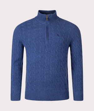Cashmere Blend Quarter Zip Cable Knit Jumper in Rustic Navy Heather | Polo Ralph Lauren | EQVVS | Front shot 