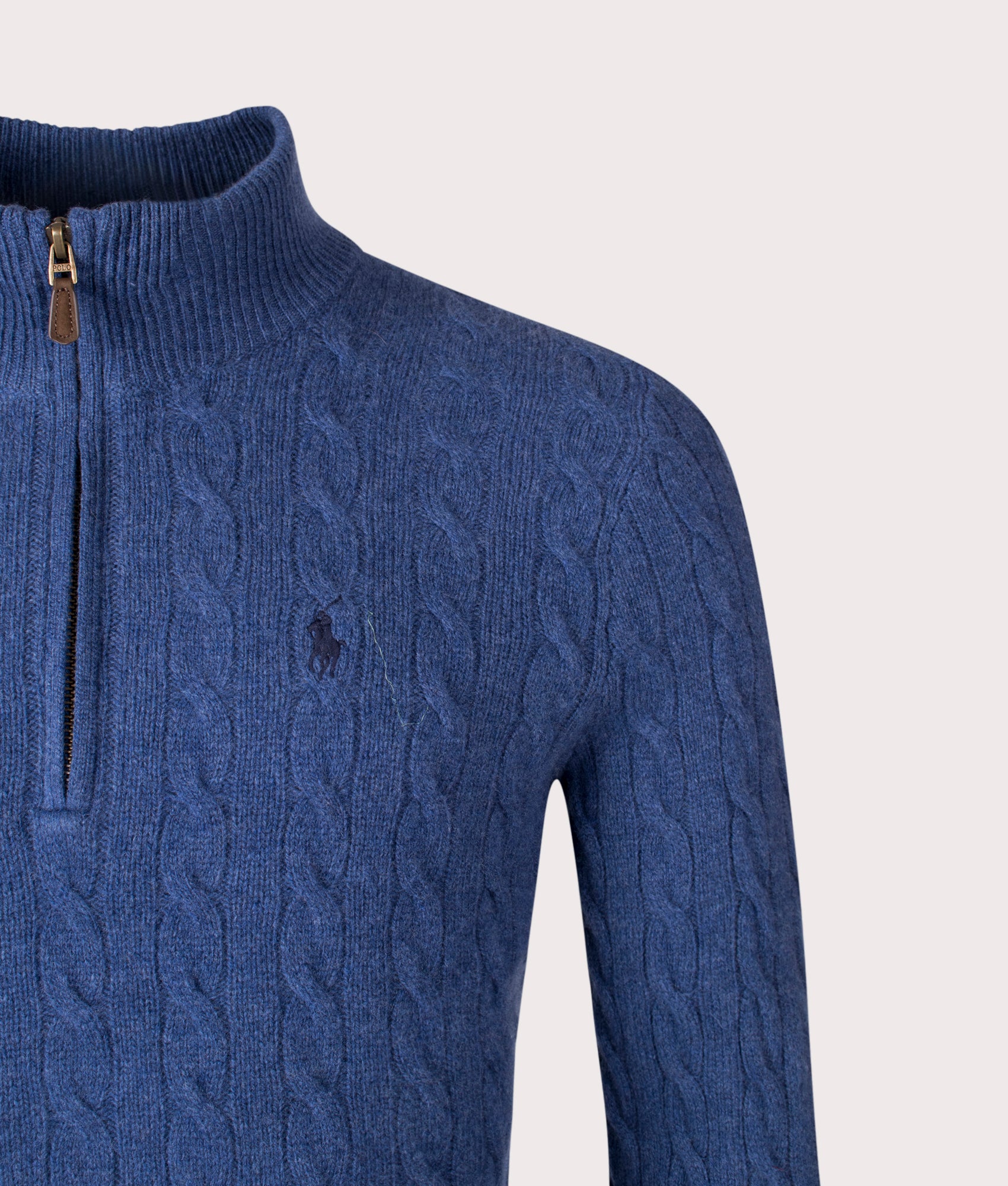 Cashmere Blend Quarter Zip Cable Knit Jumper in Rustic Navy Heather | Polo Ralph Lauren | EQVVS | Front detail shot 