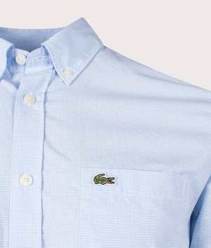 Lacoste Premium Cotton Shirt in white and Overview Blue, 100% Cotton Detail Shot at EQVVS 